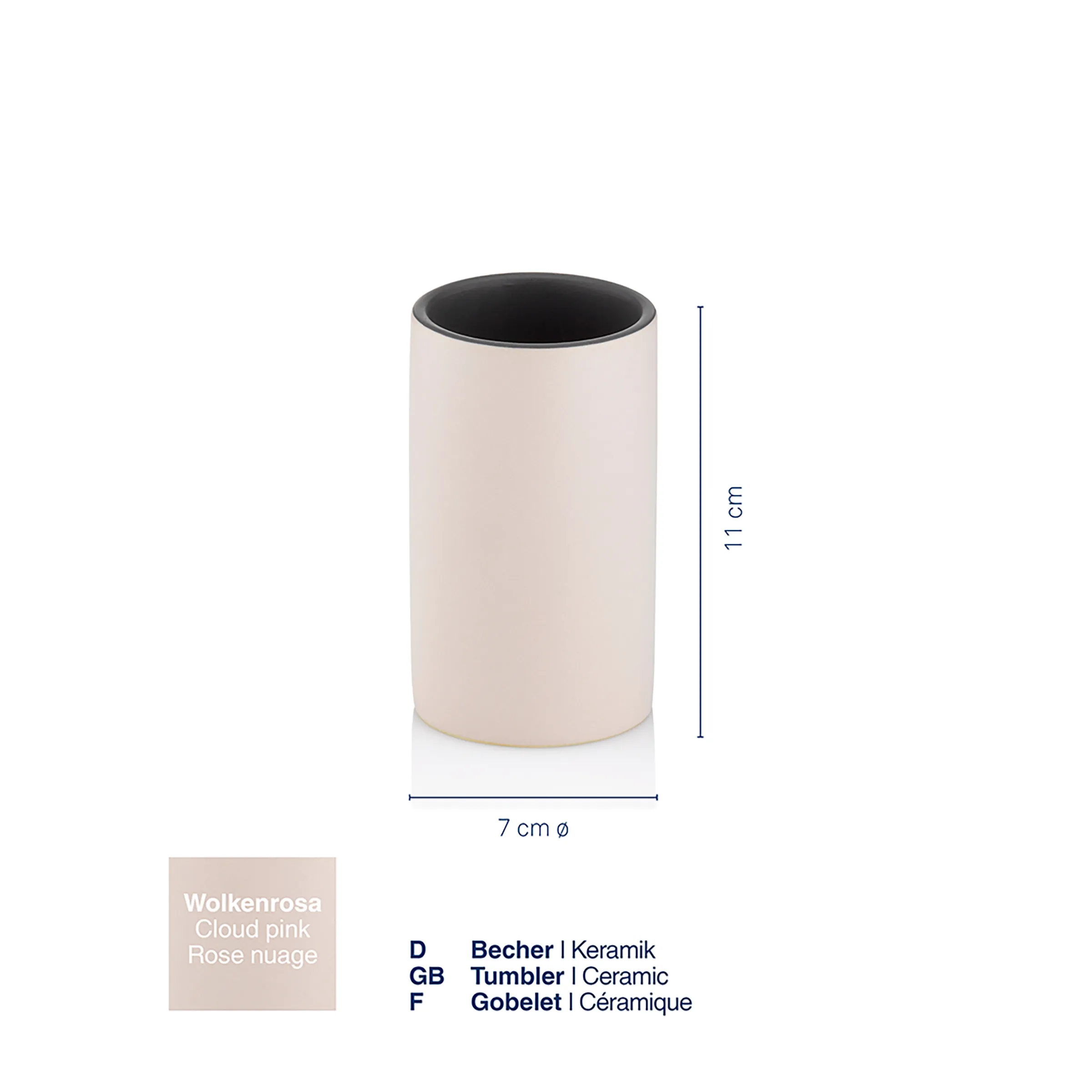 Keramik Tumbler Wolkenrosa | Becher 11 cm Wolkenrosa Keramik-Tumbler mit schwarzem Rand, 7 cm Durchmesser, 11 cm Höhe, Frontansicht.