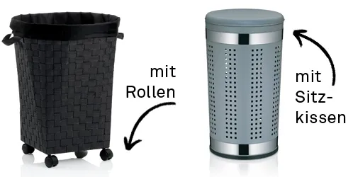 Wäschekorb mit Rollen und Sitzkissen – Praktische Aufbewahrung Zwei Wäschecorbs nebeneinander: links schwarzer Korb mit Rollen, rechts grauer Metallkorb mit Sitzkissen