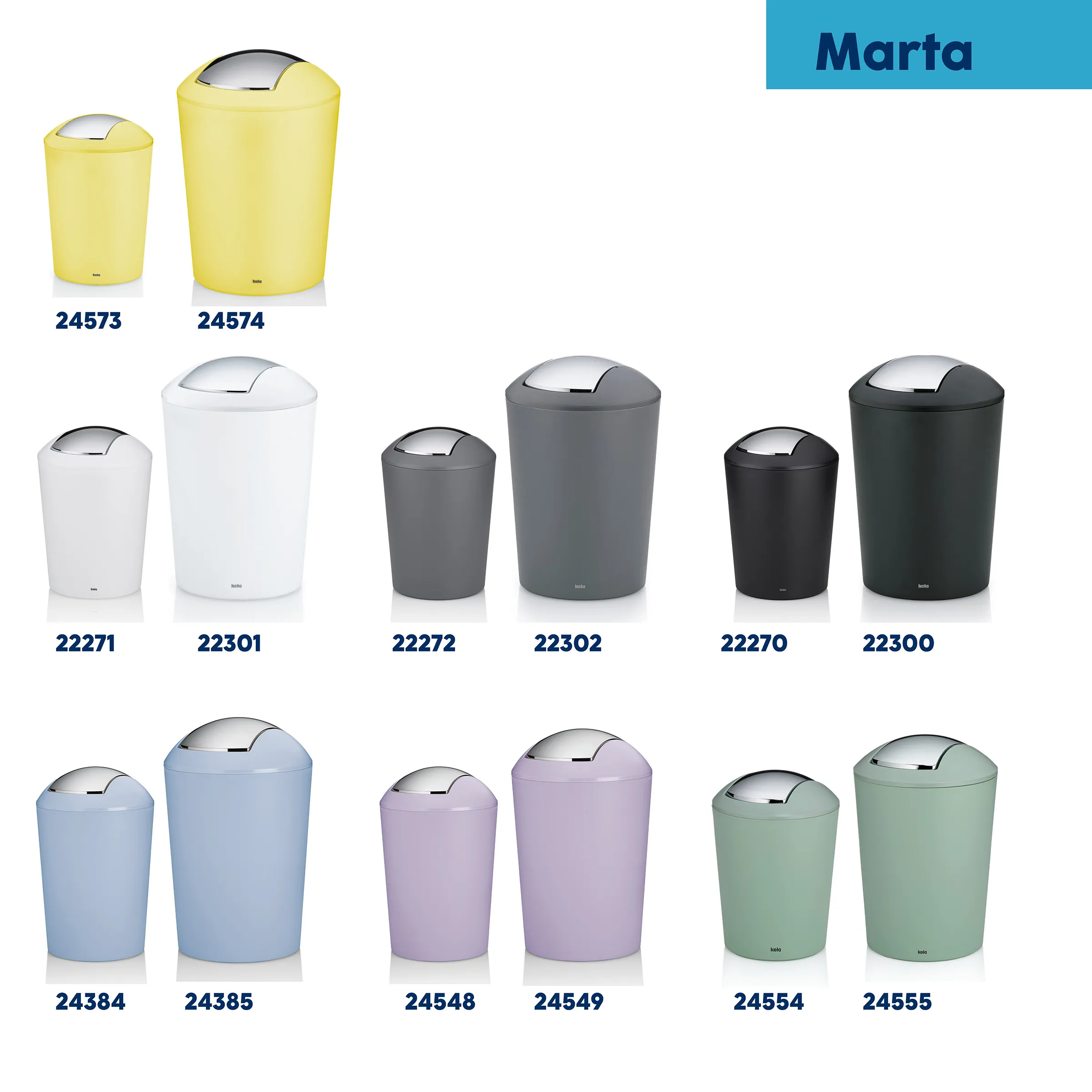 Marta Mülleimer - Designermülltonnen in verschiedenen Farben und Größen Marta Sammlung mit verschiedenfarbigen Mülleimern in Gelb, Weiß, Grau, Schwarz, Blau, Violett und Grün in zwei Größen