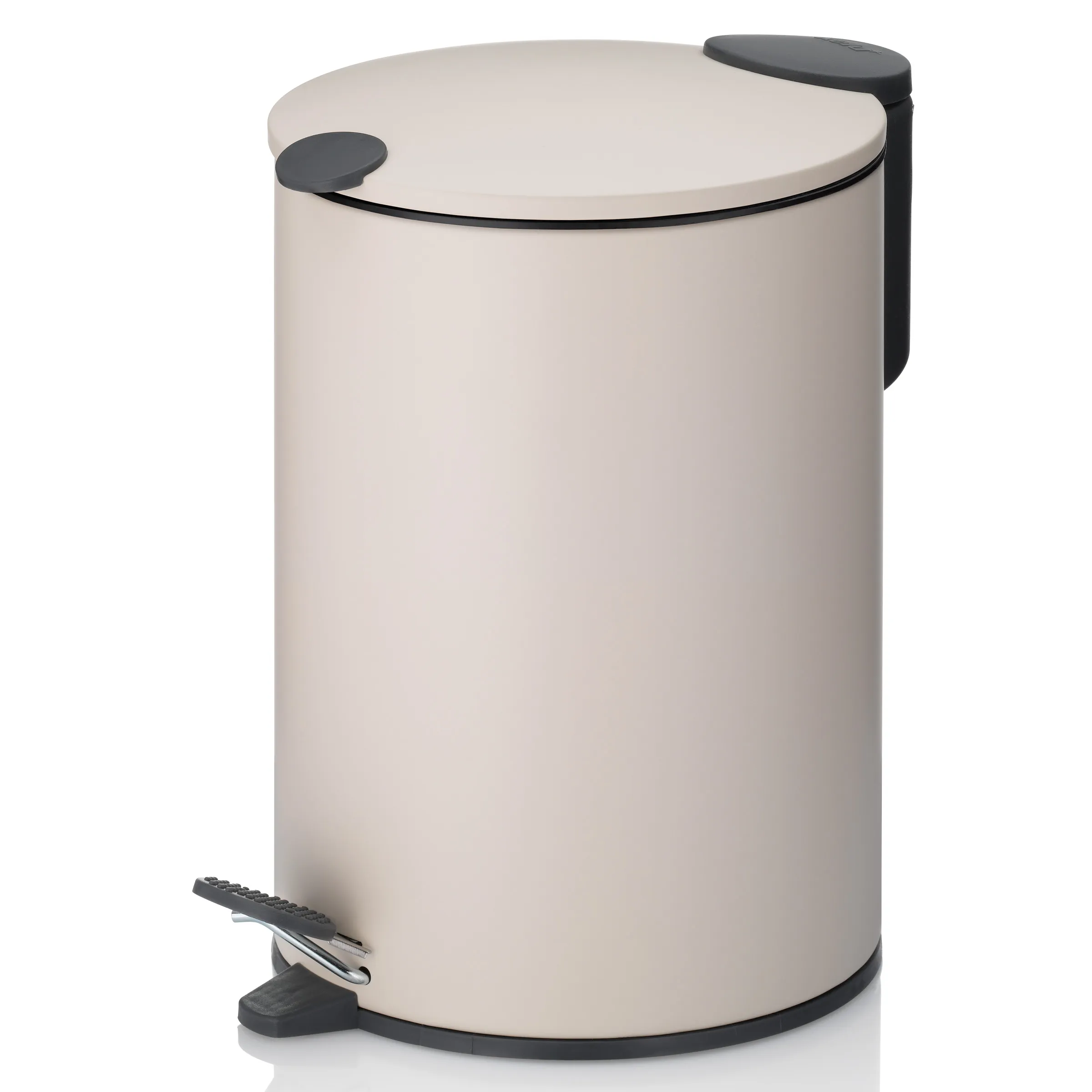 Creme-weißer Tretmülleimer mit schwarzen Griffen und Deckel, modernes Design mit Trittleiste