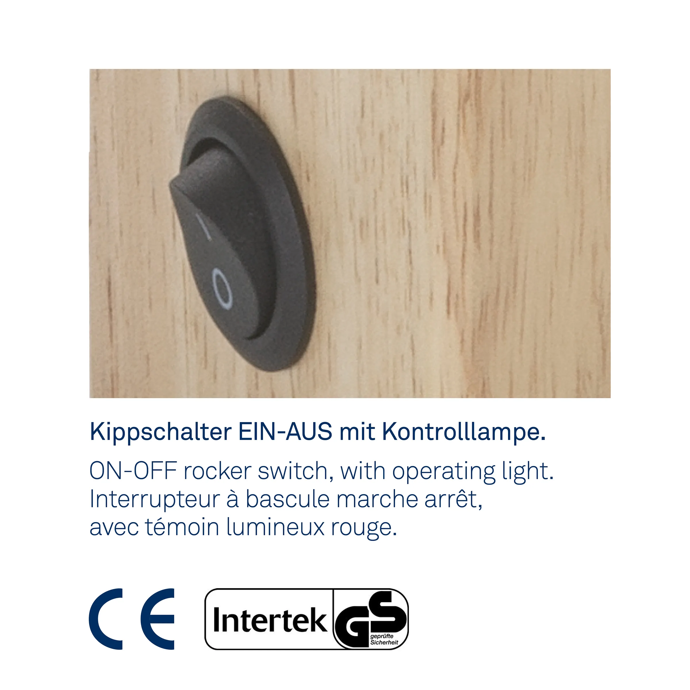 Schwarzer Kippschalter EIN-AUS mit roter Kontrolllampe auf hellem Holzhintergrund