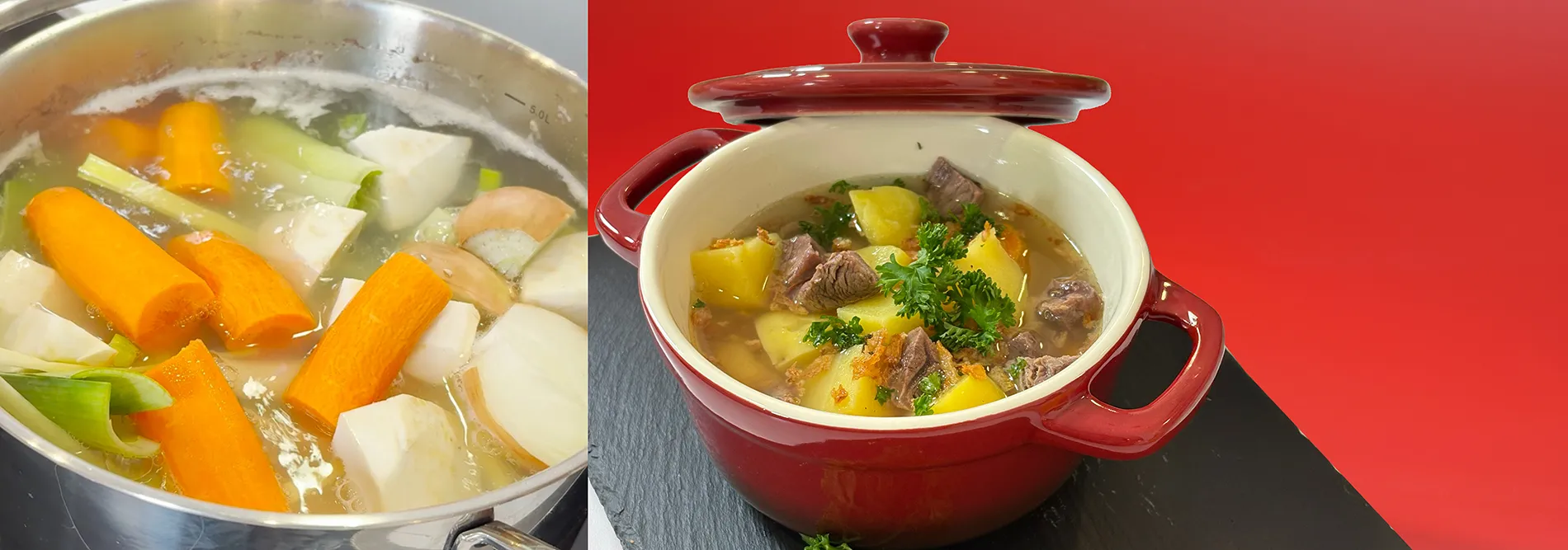 Gemüseeintopf und Fleischsuppe in Kochtöpfen - Gesunde Hausmannskost zubereiten Zwei Töpfe mit kochendem Gemüse und Fleischeintopf auf dem Herd, links Edelstahl, rechts roter Schmortopf
