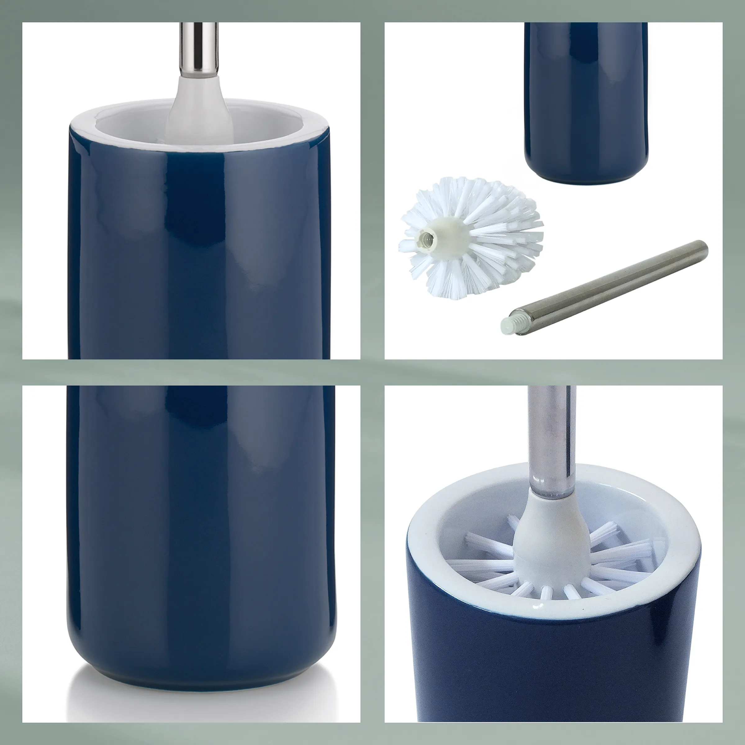 Toilettenbürste Set mit Behälter - Dunkelblau Dunkelblaue Toilettenbürste mit Behälter, weißem Bürstenkopf und Edelstahlstab in vier Detailansichten.