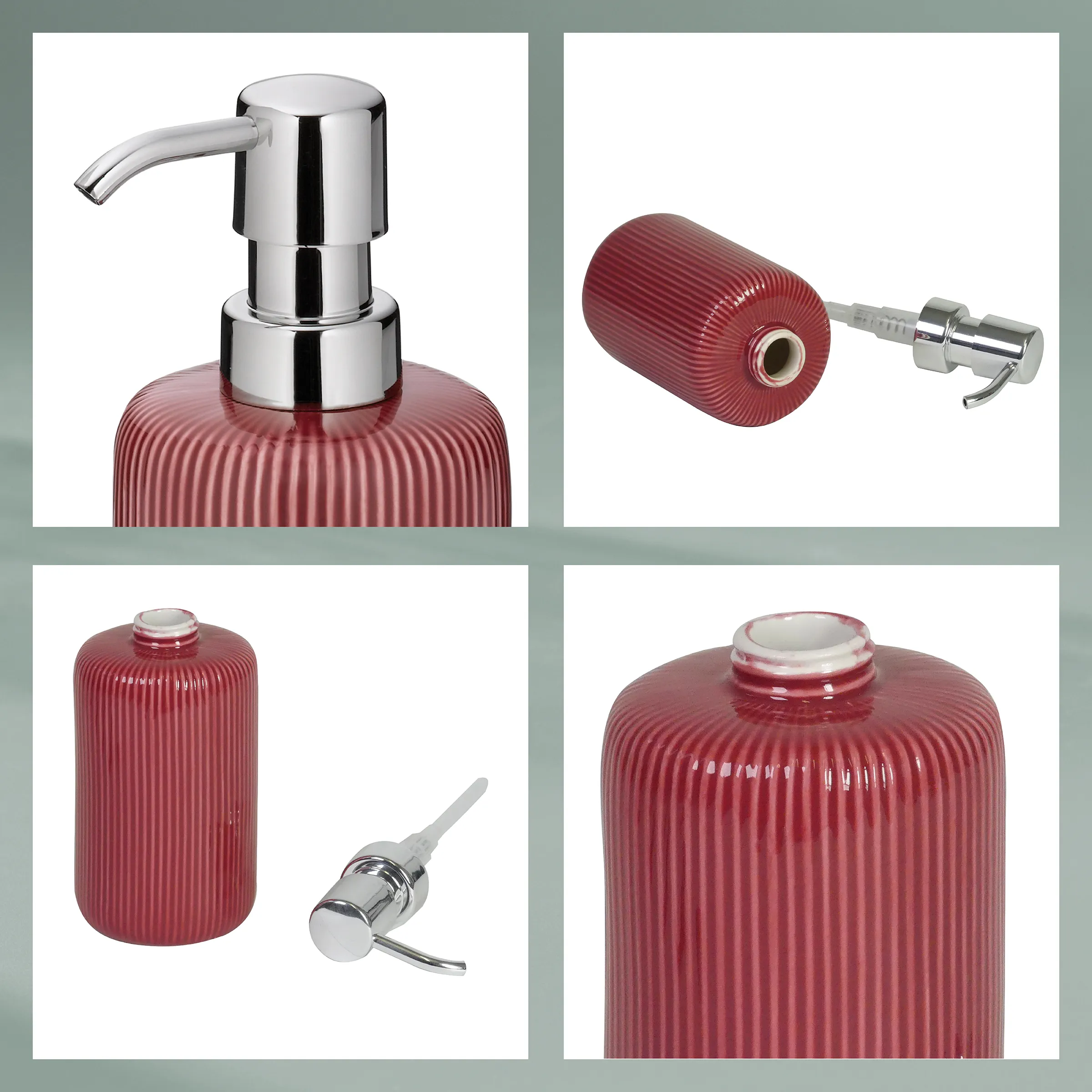 Seifenspender rosa mit Chrompumpe - gerillte Glasoptik Badezimmer Accessoire Rosafarbener Seifenspender mit gerillter Oberfläche und Chromaufsatz, Detailansichten von Pumpe und Flasche