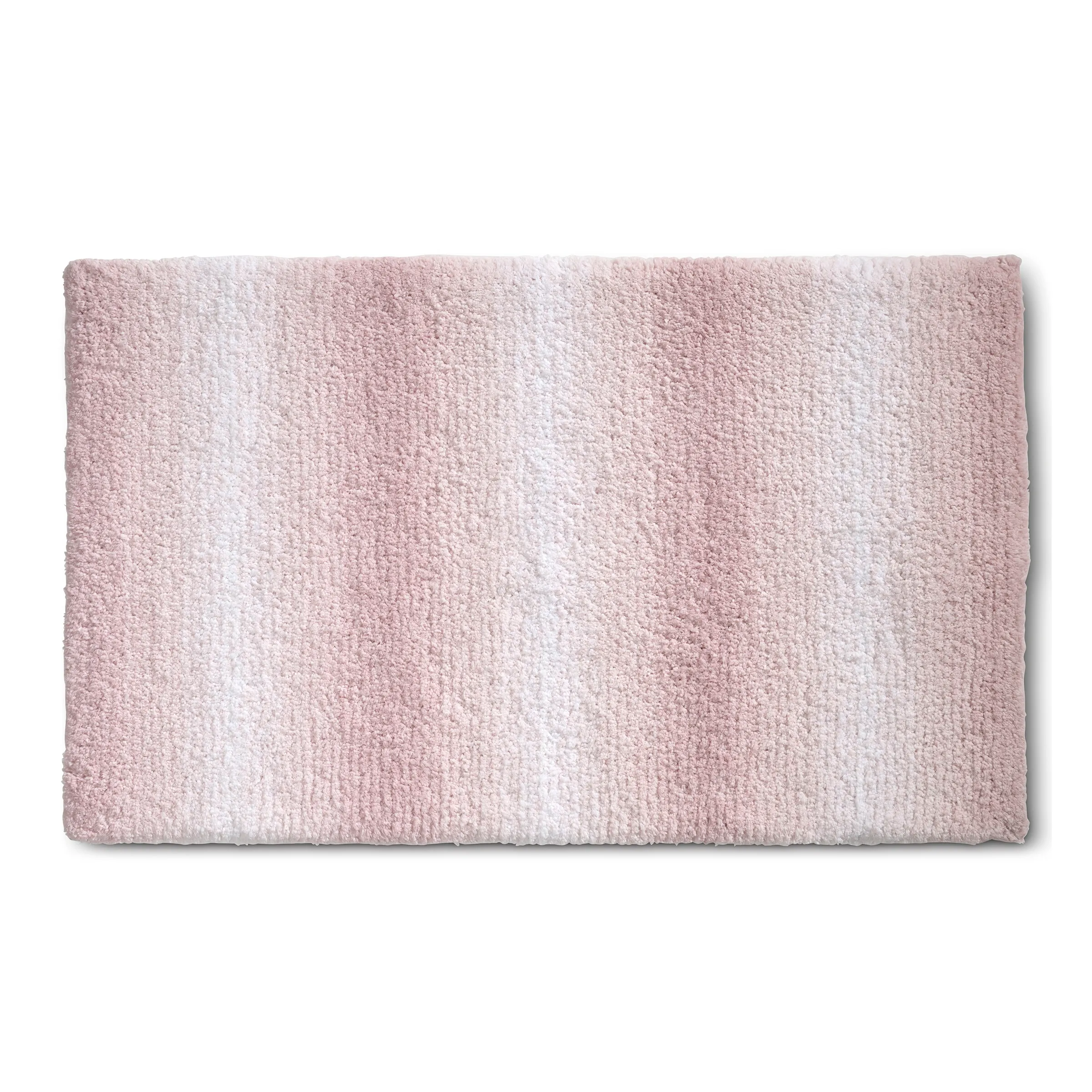 Rosa-weiße Badematte mit weicher, flauschiger Oberfläche in rechteckiger Form auf weißem Hintergrund