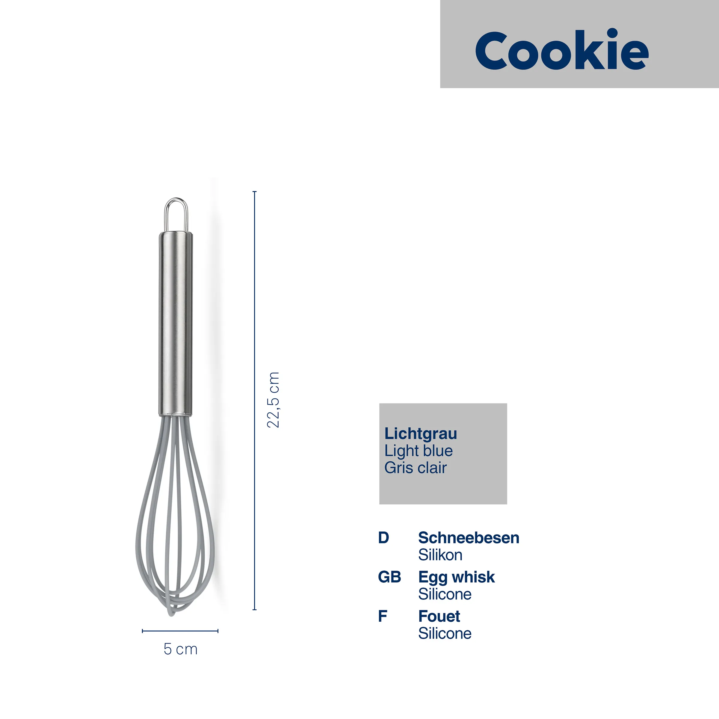 Schneebesen Cookie Edelstahl mit Silikon-Aufsatz Edelstahl-Schneebesen Cookie mit 22,5 cm Höhe und 5 cm Breite, Silikon-Eieraufsatz, hellblau