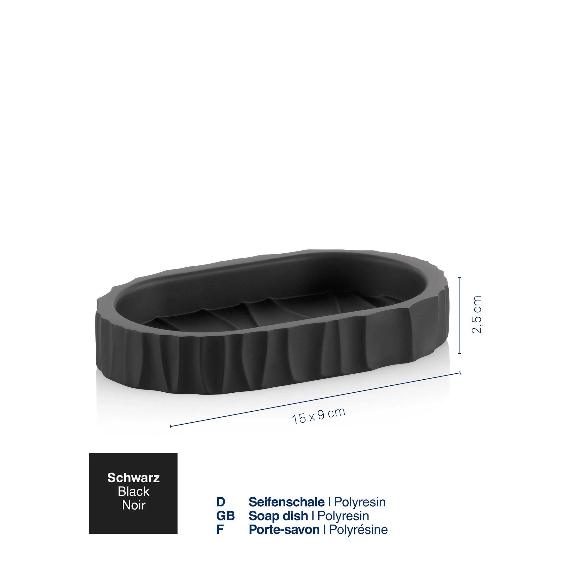 Schwarze Seifenschale aus Polyresin mit gerilltem Design, Abmessungen 15 x 9 cm, Höhe 2,5 cm