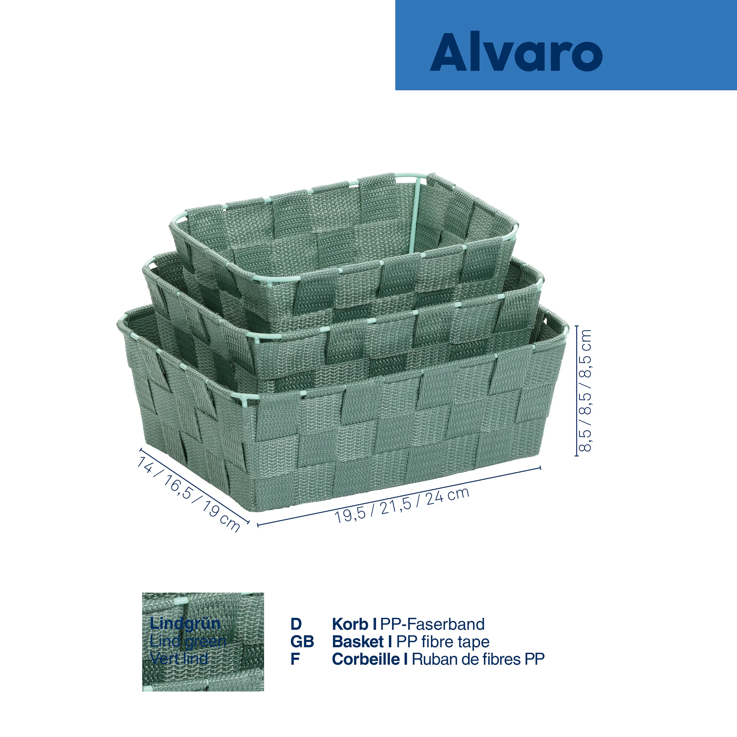 Alvaro Korb PP-Faserband Aufbewahrungskorb Set Alvaro Korb-Set aus grünem PP-Faserband in drei verschiedenen Größen mit Maßangaben und Materialbeschreibung