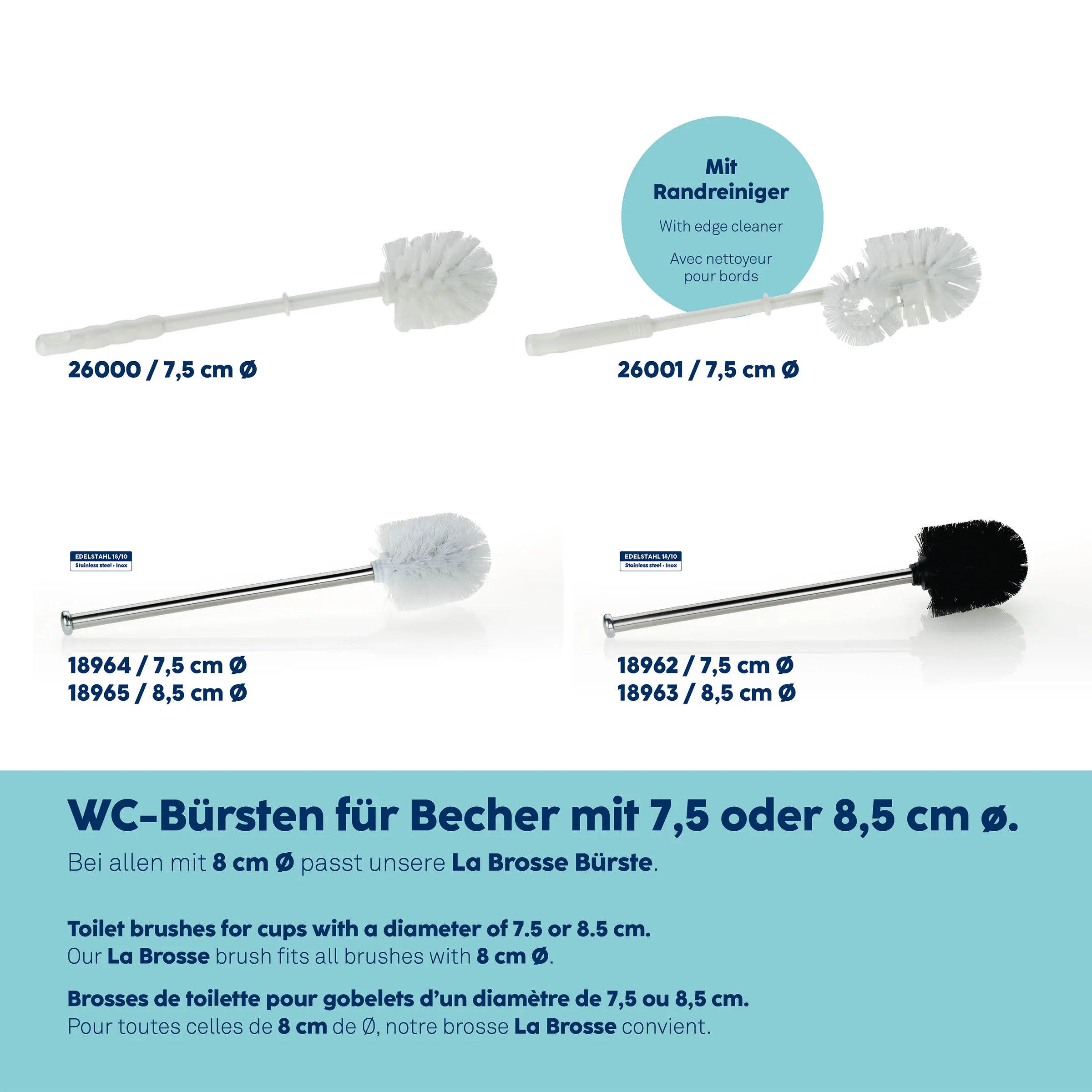 WC-Bürsten 7,5 cm und 8,5 cm Durchmesser - Toilettenbürsten mit Randreiniger WC-Bürsten für Becher in 7,5 und 8,5 cm Durchmesser, weiße und schwarze Varianten mit Randreiniger
