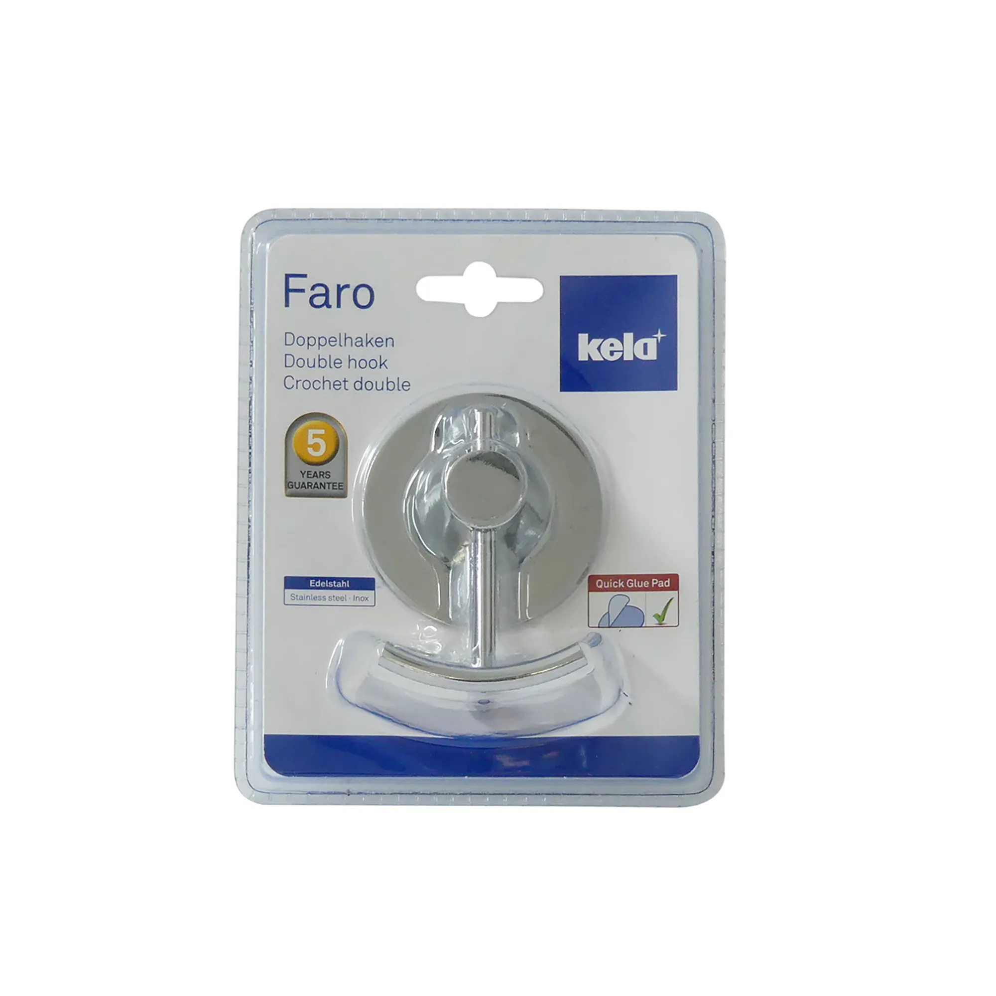 Faro Doppelhaken Saugnapf - Edelstahl Wandhaken Kela Faro Doppelhaken aus Edelstahl mit Quick Glue Pad und weißer Saugnapfbasis, 5 Jahre Garantie