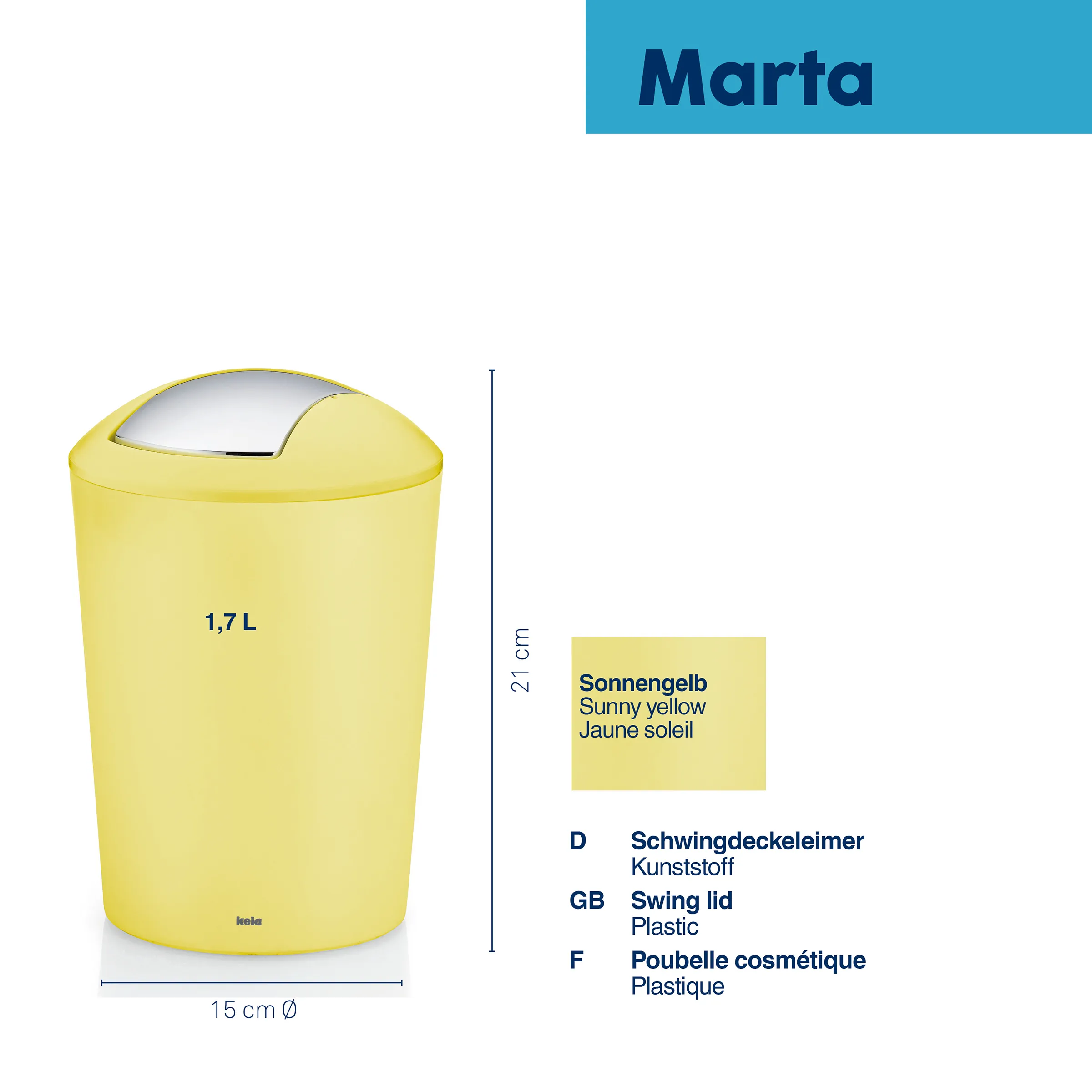 Marta Mülleimer gelb - 1,7 Liter Kunststoff Schwingdeckeleimer Gelber Kunststoff-Mülleimer Marta mit Schwingdeckel, 1,7 Liter Fassungsvermögen, 21 cm Höhe und 15 cm Durchmesser.