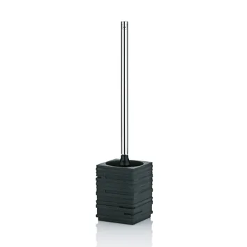Schwarze Toilettenbürste mit strukturiertem Kunststoffgriff und langem Metallstab in quadratischer Halterung