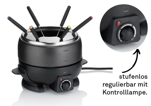 Elektrisches Fondue-Set mit Temperaturregler Elektrisches Fondue-Set mit schwarzem Topf, vier Fondue-Gabeln und regulierbarem Temperaturregler mit Kontrollleuchte.