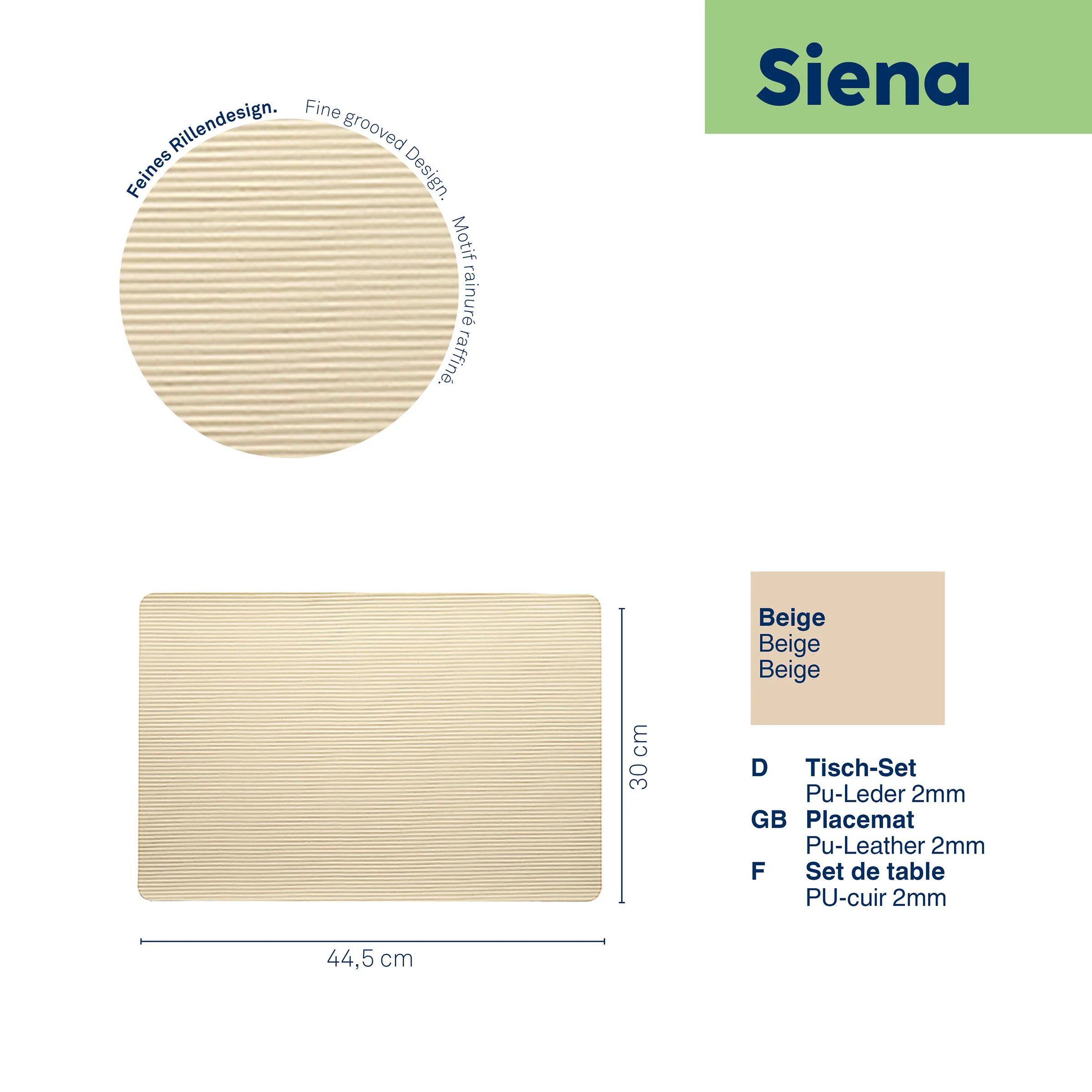 Tischset Beige PU-Leder Rillendesign 44,5x30cm Platzset Beige Tischset aus PU-Leder mit feiner Rillenstruktur, 44,5 x 30 cm, von Siena