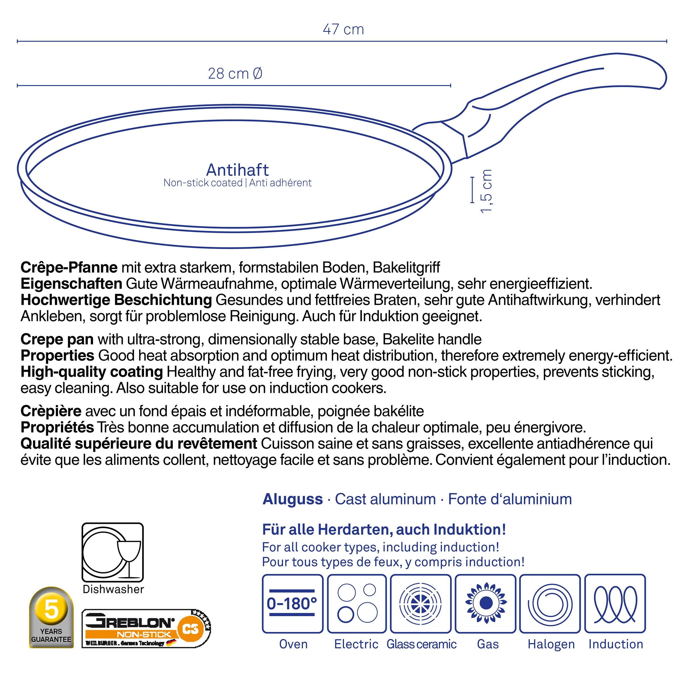 Antihaft-Crêpe-Pfanne 28 cm mit Bakelitgriff, 47 cm Gesamtlänge, 1,5 cm Höhe, Aluguss für alle Herdarten.