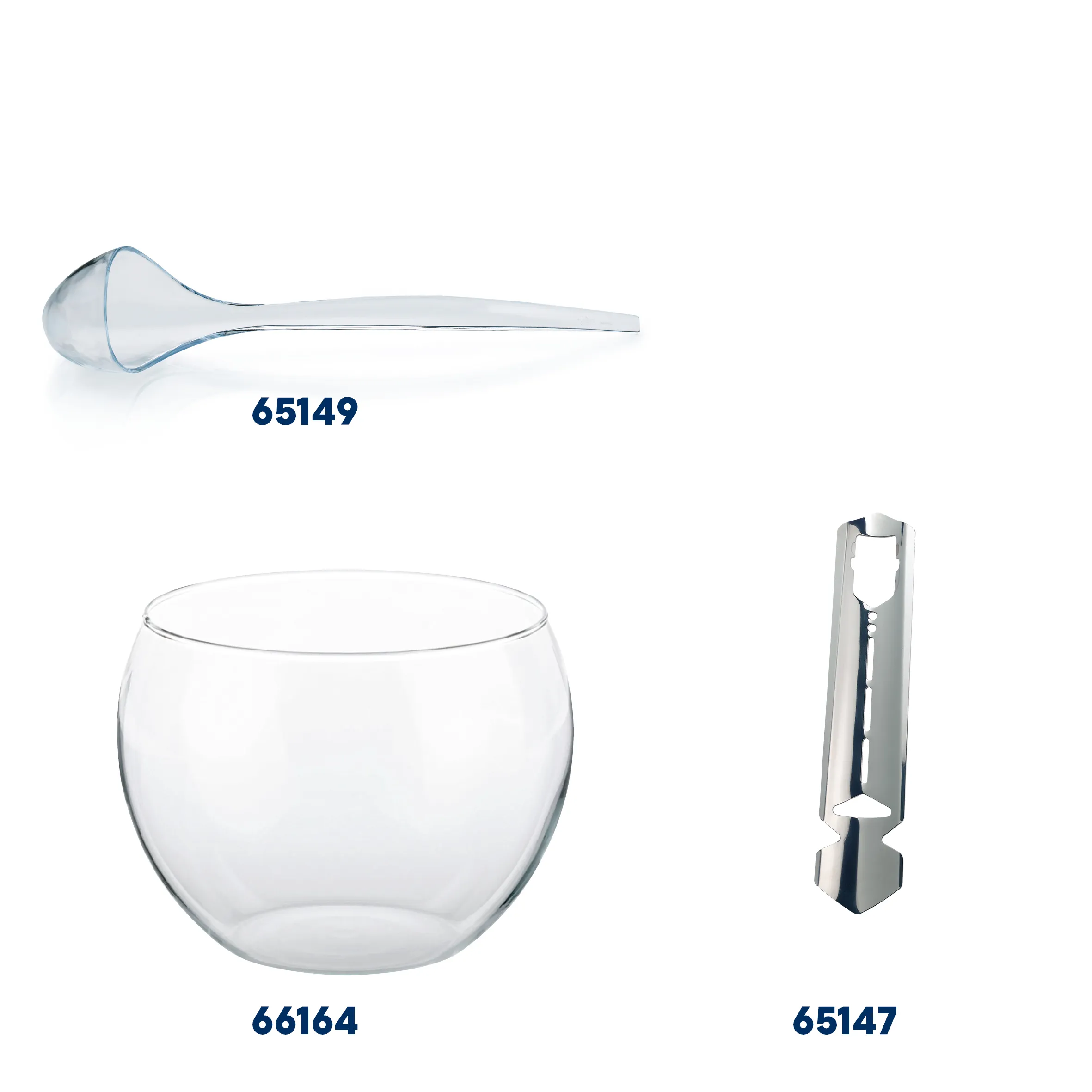 Laborbesteck-Set - Pipette, Schale und Klemme Laborbesteck-Set mit Glaspipette, Kristallschale und Klemme auf weißem Hintergrund. Modellnummern 65149, 66164, 65147.