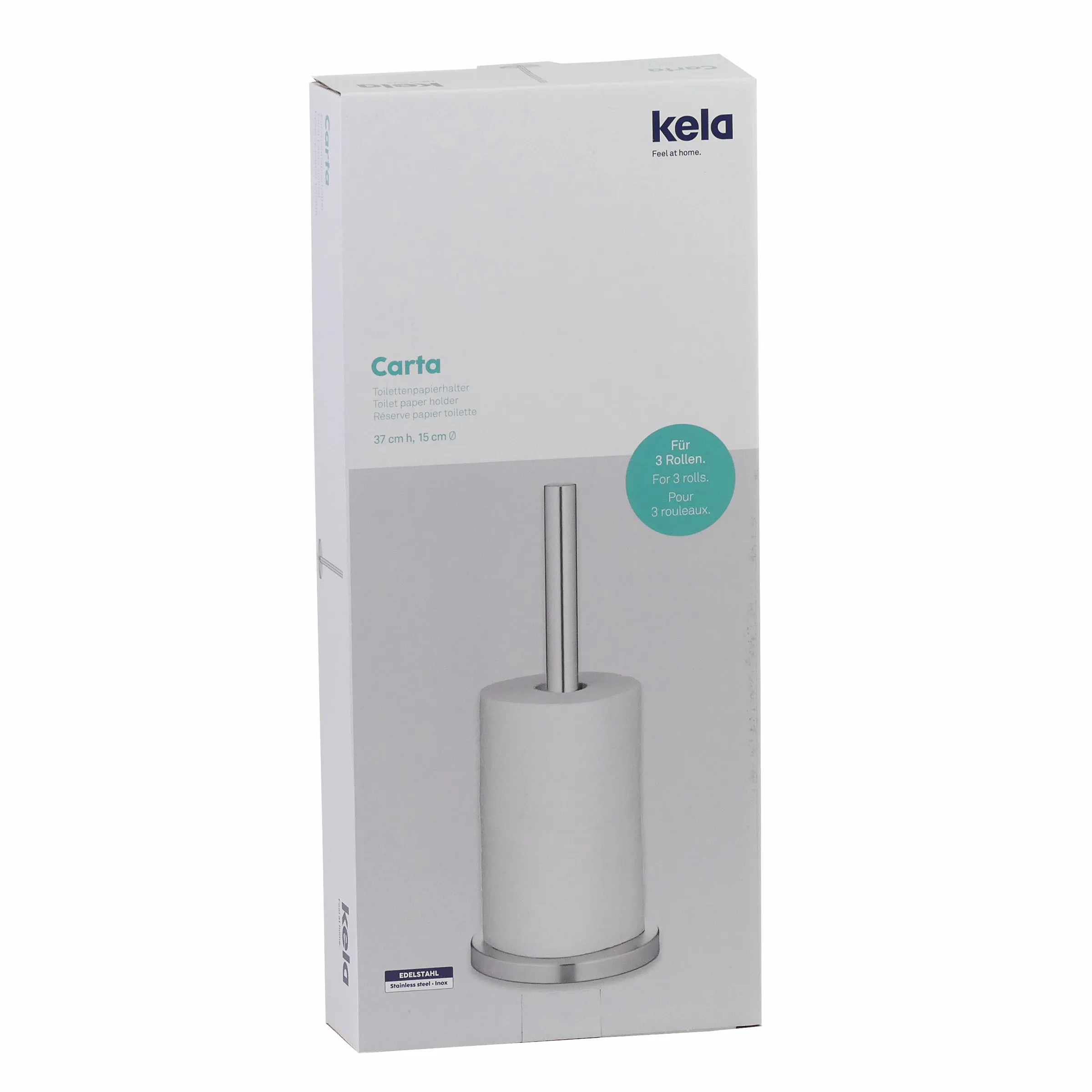 Kela Carta Toilettenpapierhalter Edelstahl für 3 Rollen - Standmodell 37cm Kela Carta Toilettenpapierhalter aus Edelstahl für 3 Rollen, 37 cm hoch, 15 cm Durchmesser, in Verpackung
