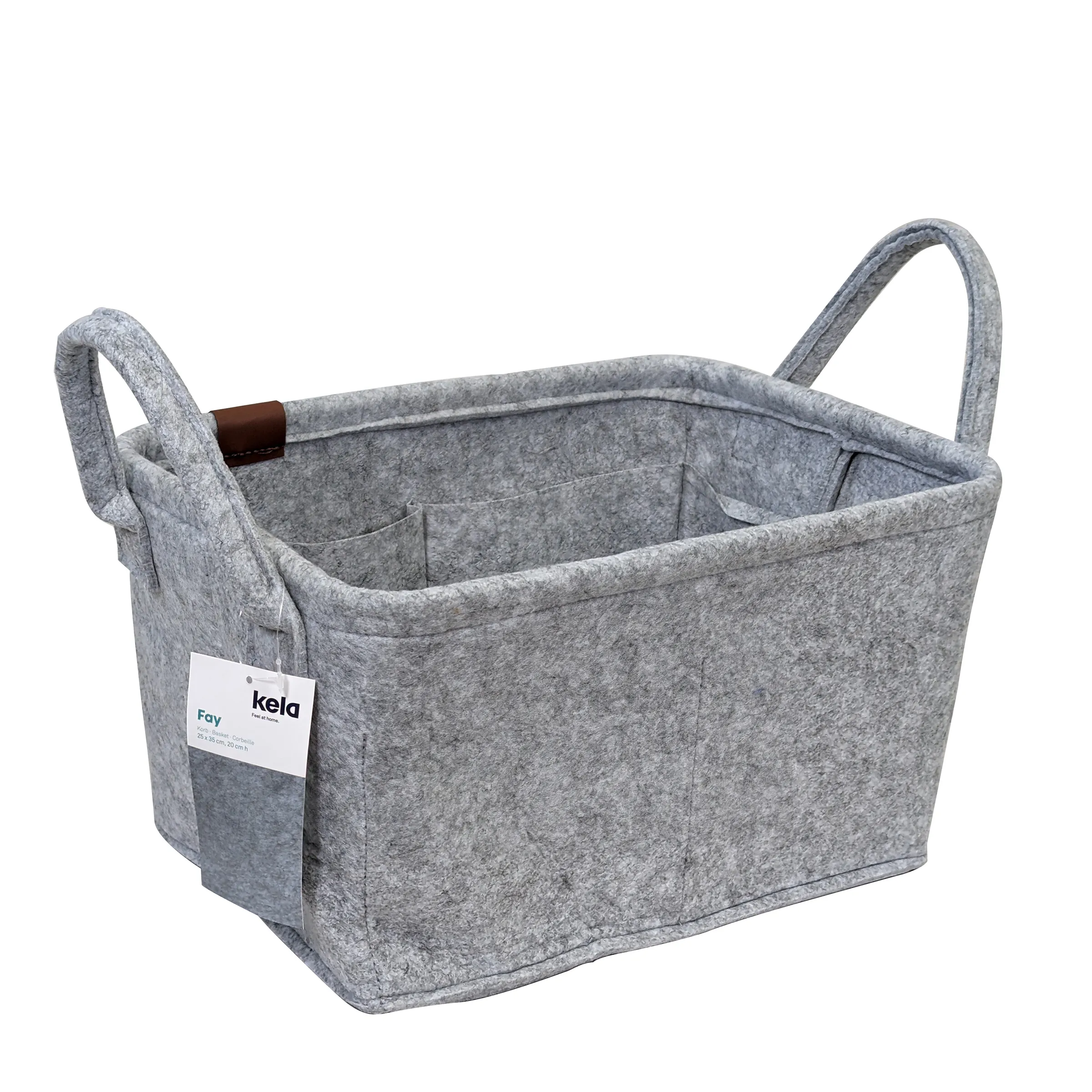 Filzkorb grau mit Griffen - Aufbewahrungskorb Organizer Kela Grauer Filzkorb mit zwei Griffen und Innenfächern von Kela, gefüllt mit einer Flasche