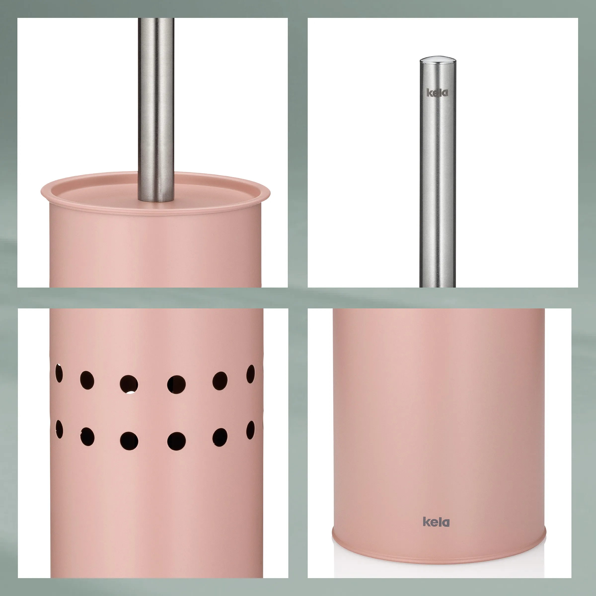 Kela Toilettenbürste Rosa mit Edelstahlgriff Rosa Toilettenbürste mit Edelstahlgriff und Behälter mit Belüftungslöchern, vier Ansichten des Produkts