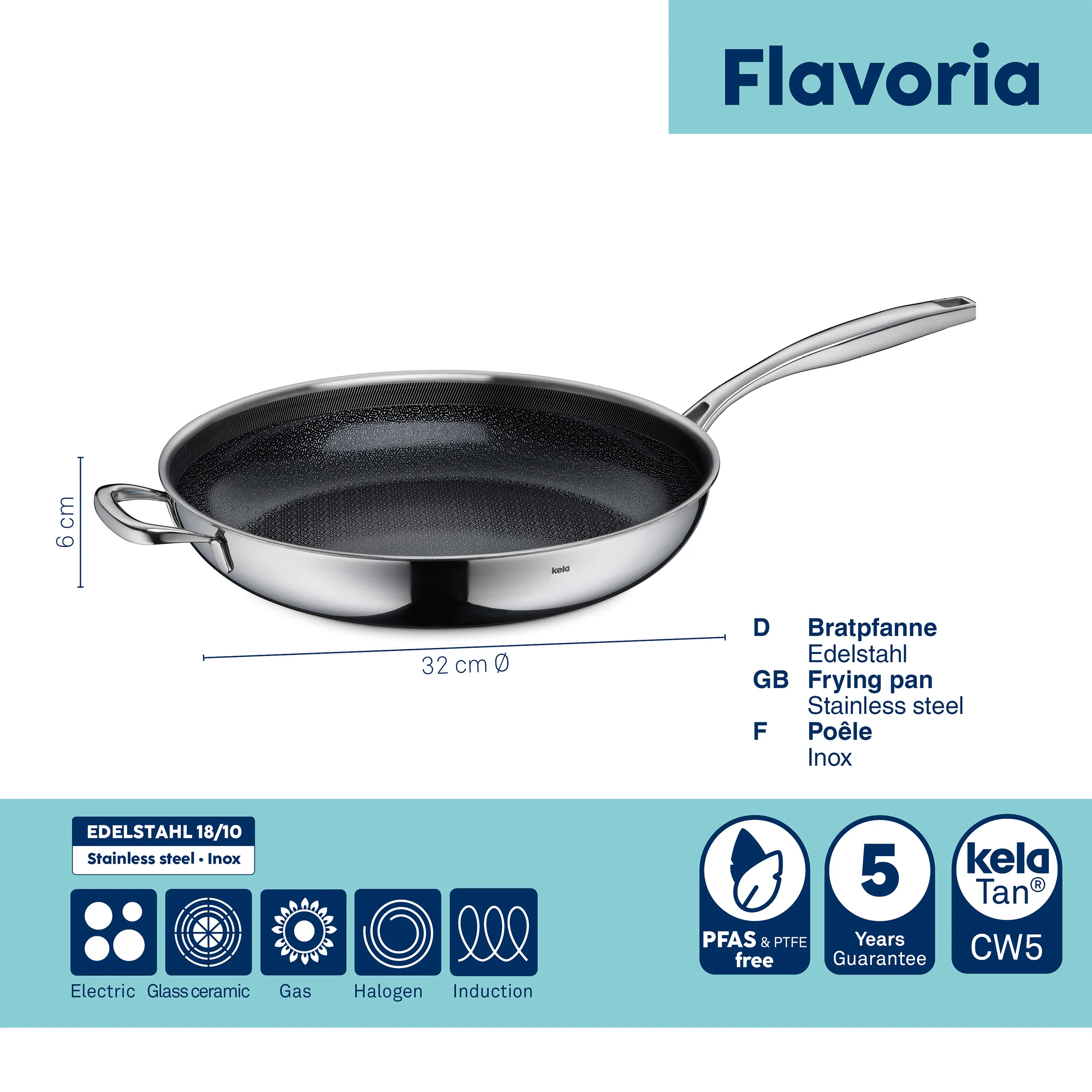Edelstahl Bratpfanne 32 cm - Keramik Antihaftbeschichtung Flavoria Edelstahl-Bratpfanne 32 cm Durchmesser mit schwarzem Keramik-Antihaft-Belag und ergonomischem Griff