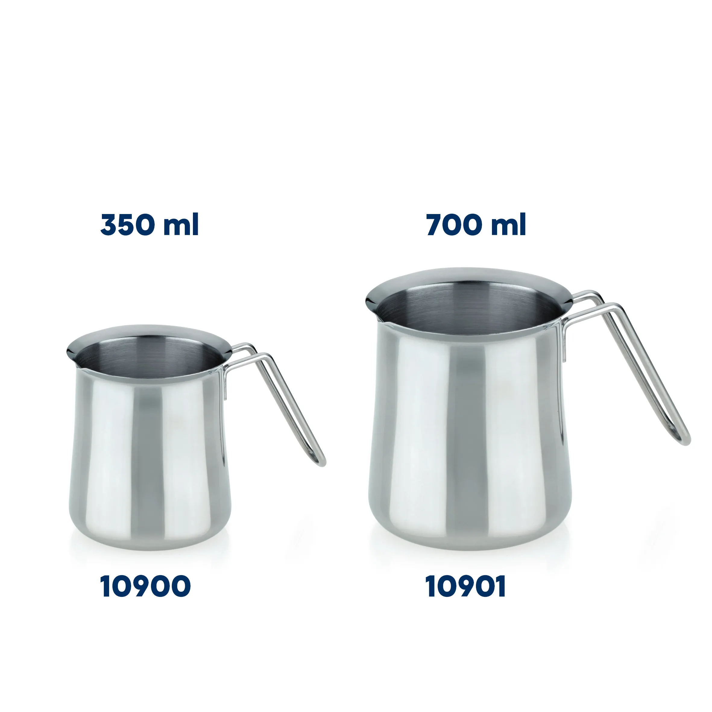 Edelstahl-Milchkännchen Set 350ml und 700ml - Barista Milchaufschäumer Zwei Edelstahl-Milchkännchen in 350 ml und 700 ml mit Ausguss und Griff, Artikelnummern 10900 und 10901