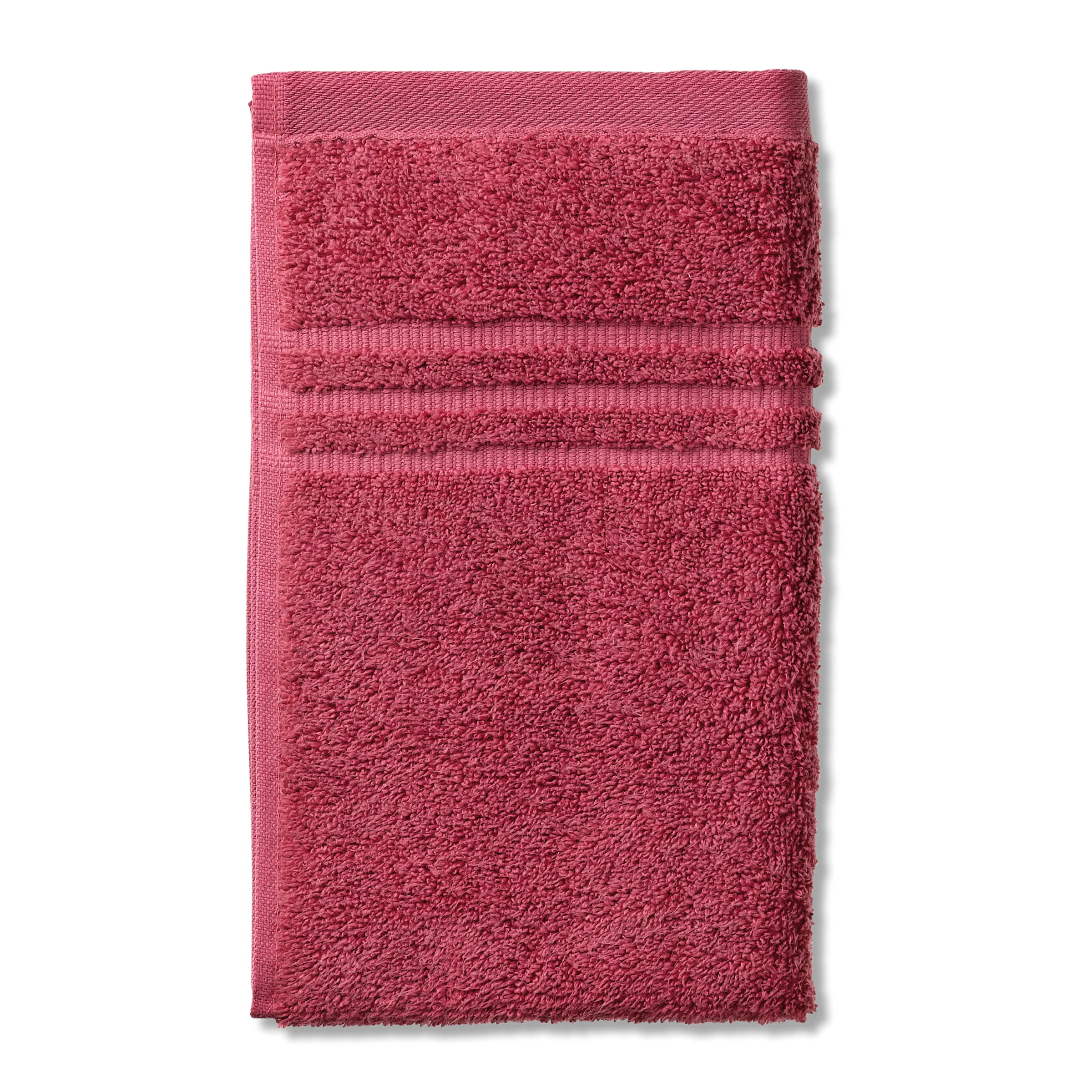 Rosa Handtuch mit strukturiertem Rand, drei dekorative Streifen und geflochtener Kante