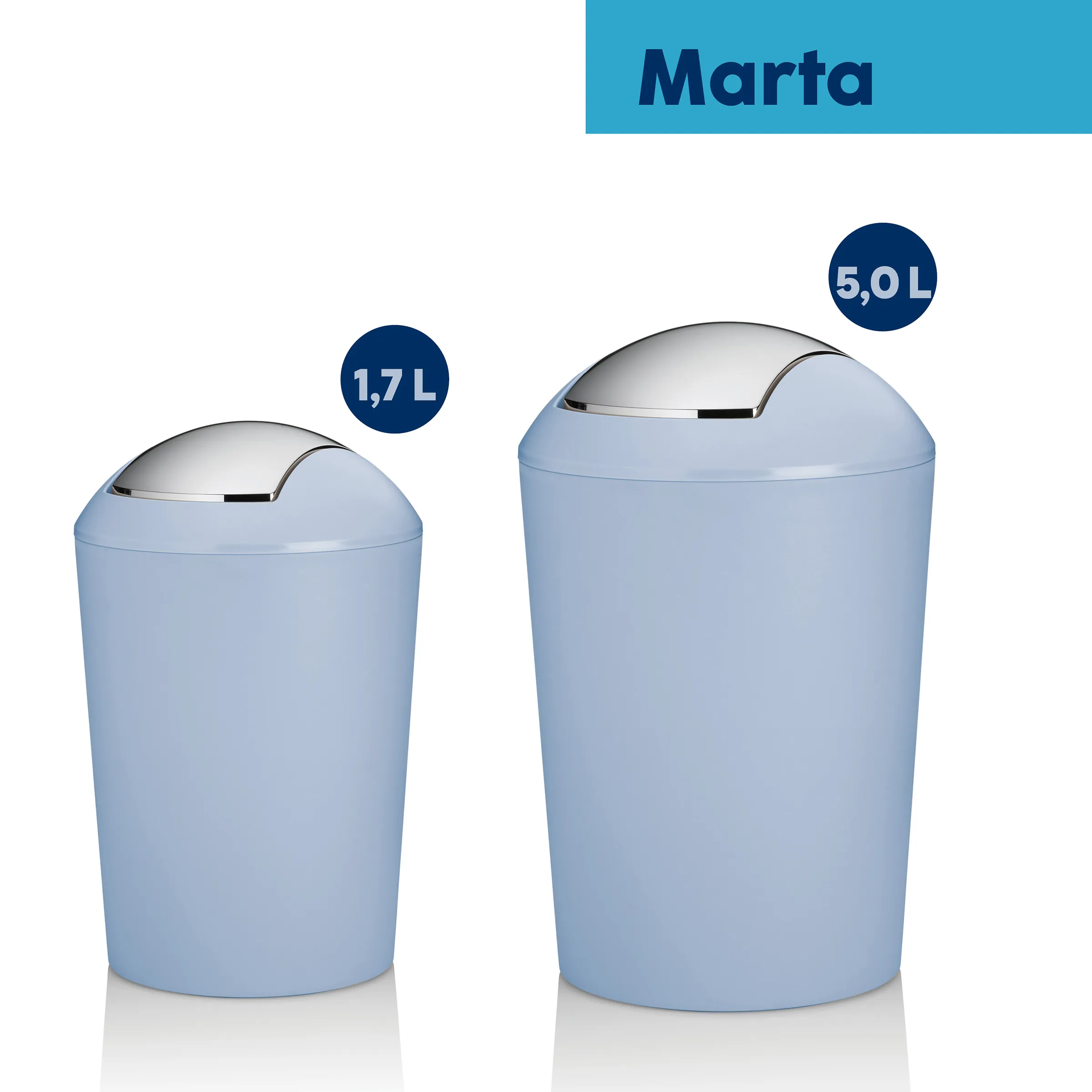 Marta Schwingdeckel-Mülleimer 1,7L und 5,0L - Badezimmer Abfalleimer Set Zwei hellblaue Marta Schwingdeckel-Mülleimer in 1,7 L und 5,0 L Größe mit Chromdeckel nebeneinander