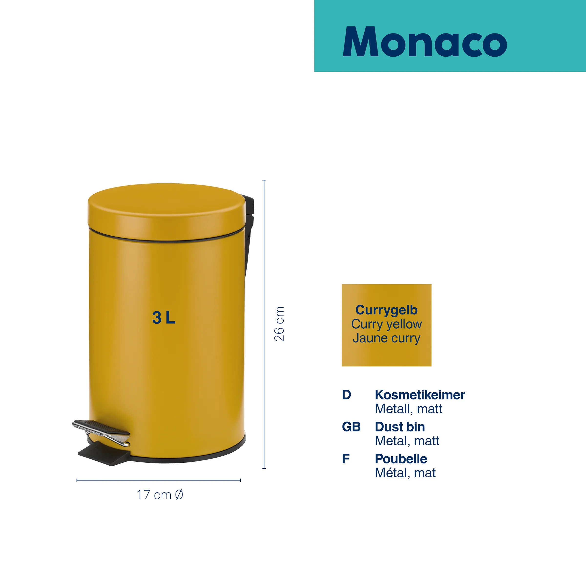 Monaco Tretmülleimer 3L Currygelb - Kosmetikeimer Metall Gelber 3L Tretmülleimer Monaco mit mattierter Oberfläche, 17 cm Durchmesser und 26 cm Höhe