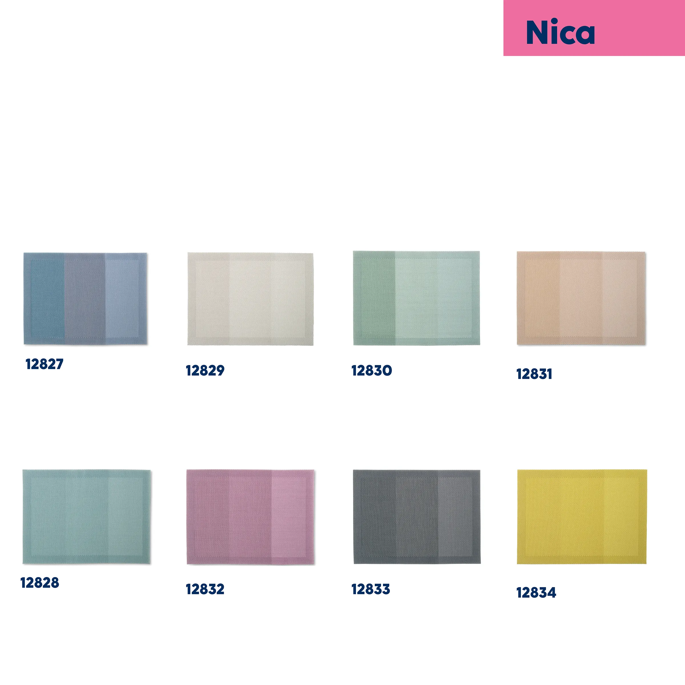 Nica Farbmuster zeigt 8 verschiedene Textilfarben in Blau-, Grün-, Beige-, Rosa-, Grau- und Gelbtönen mit Nummern