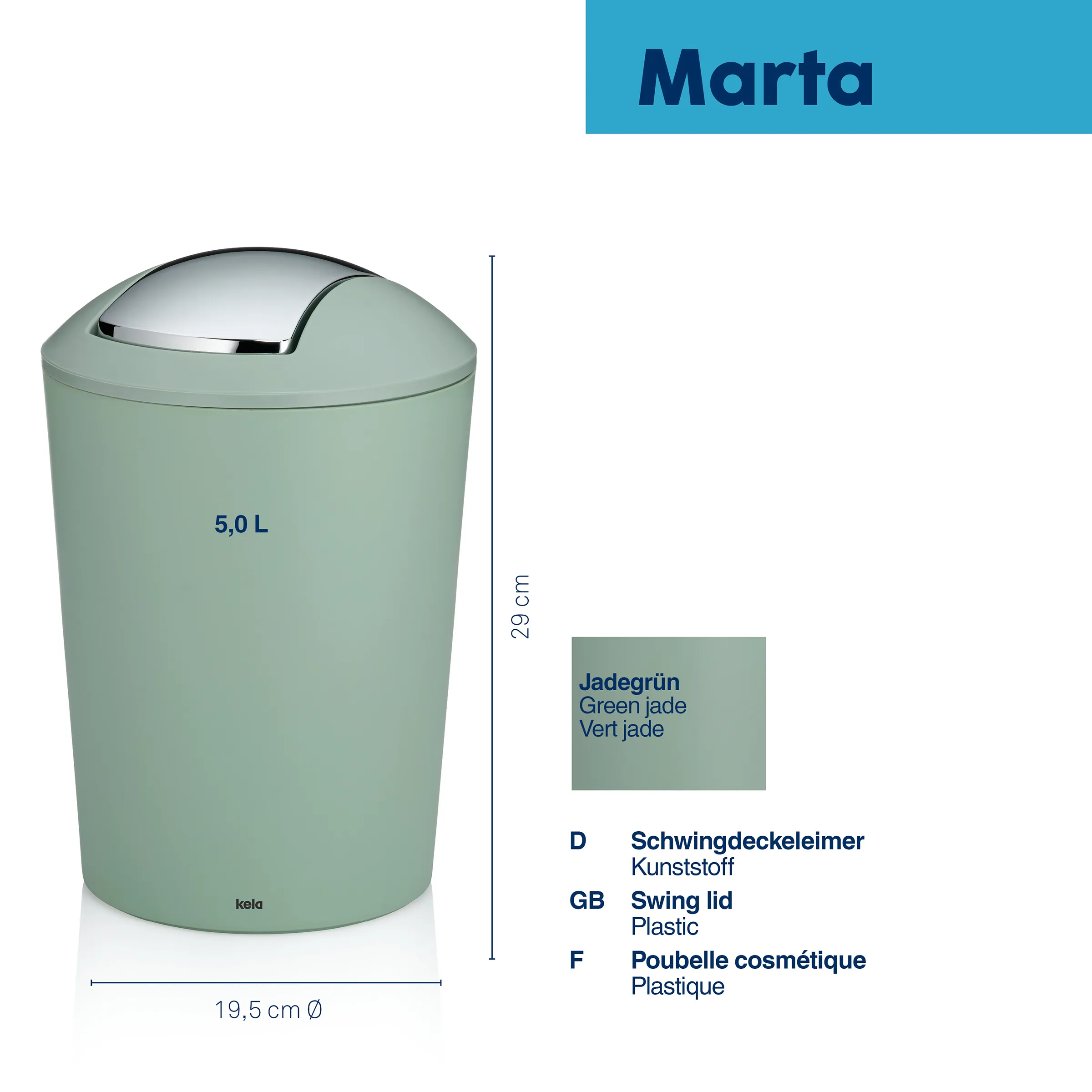 Marta Windeleimer 5L Jadegrün mit Schwingdeckel Marta Windeleimer in Jadegrün mit Schwingdeckel, 5,0 L Fassungsvermögen, Höhe 29 cm, Durchmesser 19,5 cm
