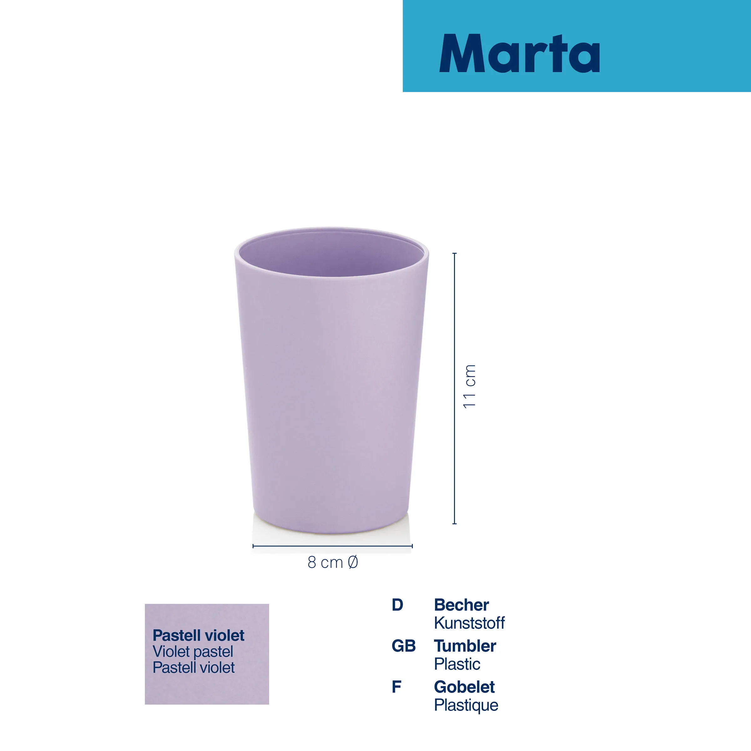Pastell violetter Kunststoff-Becher Marta mit 8 cm Durchmesser und 11 cm Höhe, zylindrische Form