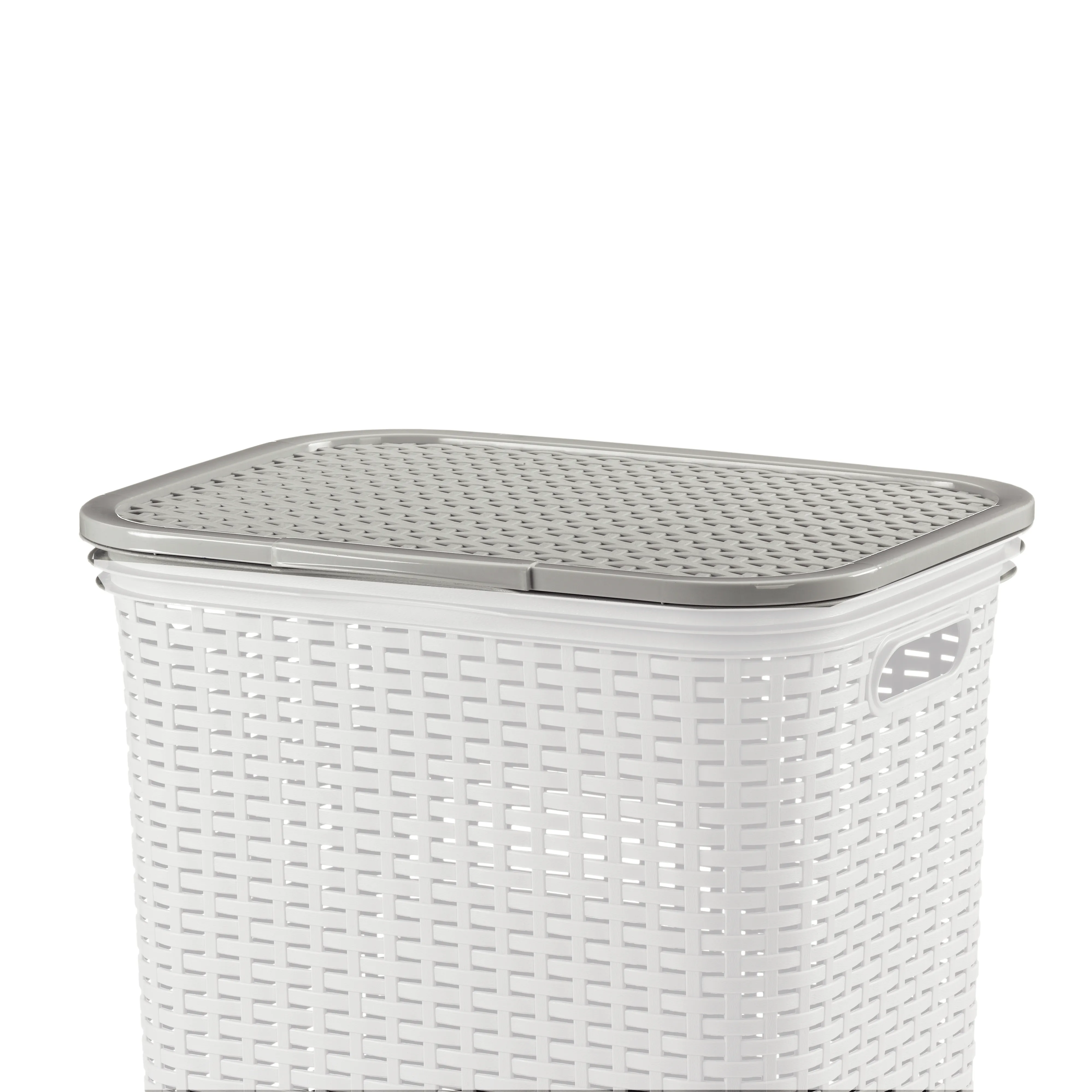 Wäschekorb mit Deckel Rattanoptik - Aufbewahrungsbox Kunststoff Weiß Weißer Wäschekorb mit grauem Deckel und Rattanoptik, Kunststoff-Aufbewahrungsbox mit Lochung