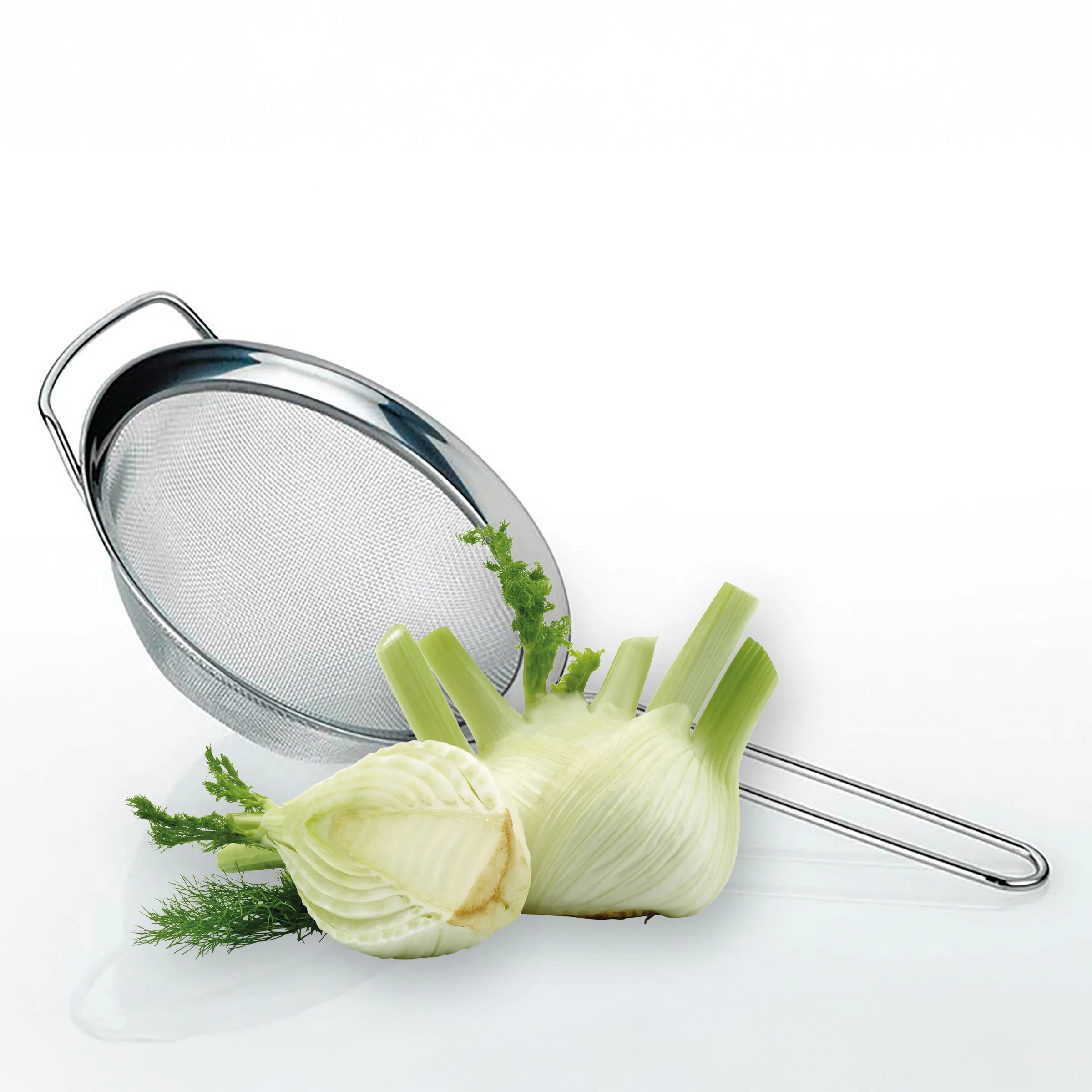 Küchensieb mit Fenchel und Dill Küchensieb mit Griff neben frischem Fenchel und Dill auf weißem Hintergrund