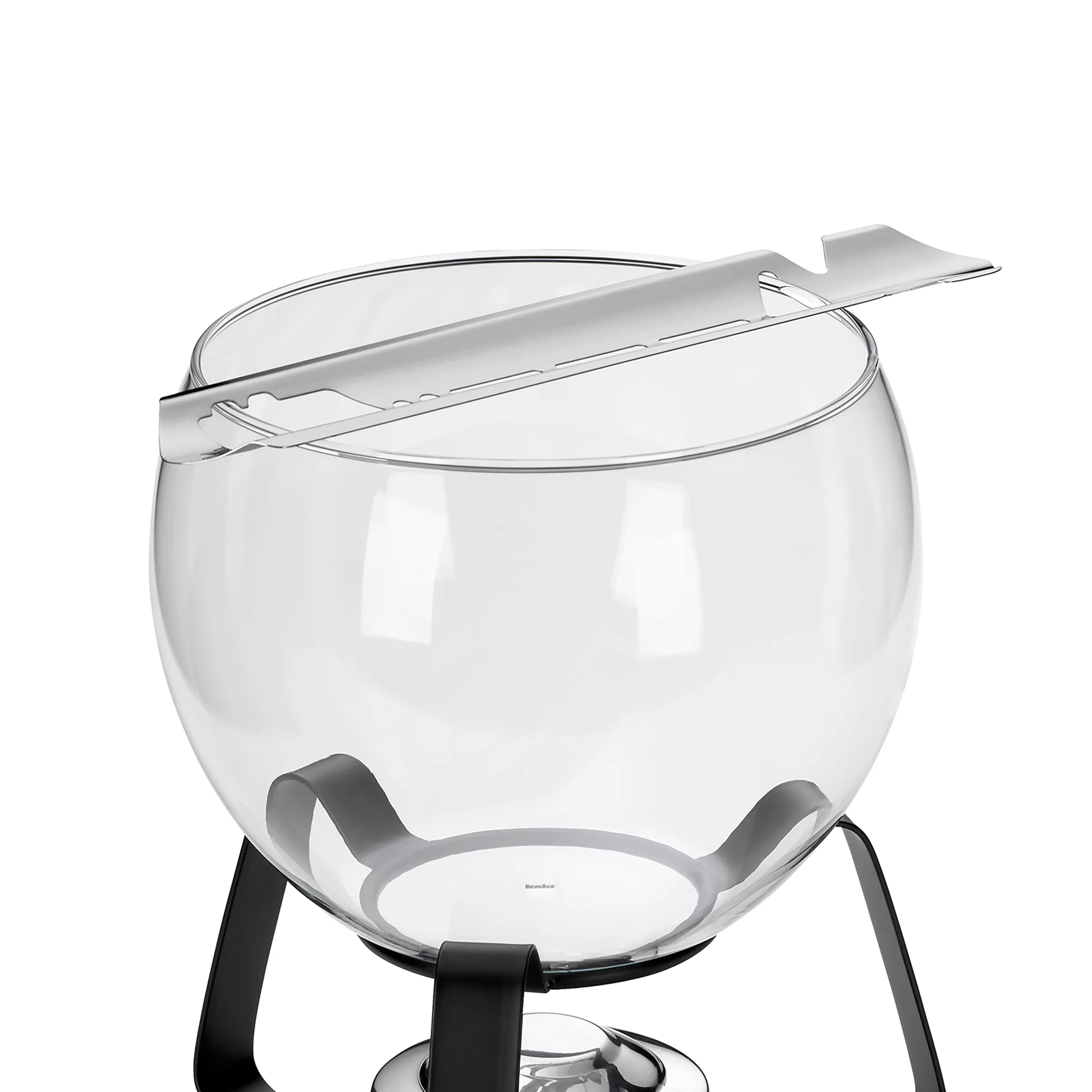 Fondue-Set aus Glas mit Edelstahl-Deckel und Gestell - Moderne Fondue-Schale Transparente Fondue-Schale aus Glas mit Edelstahl-Deckel auf schwarzem Gestell vor weißem Hintergrund