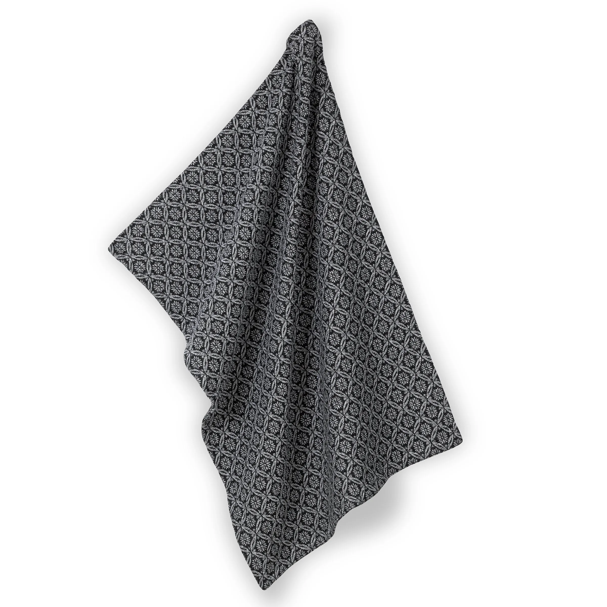 Strickdecke grau geometrisches Muster Graue Strickdecke mit geometrischem Rauten-Muster, locker drapiert auf weißem Hintergrund