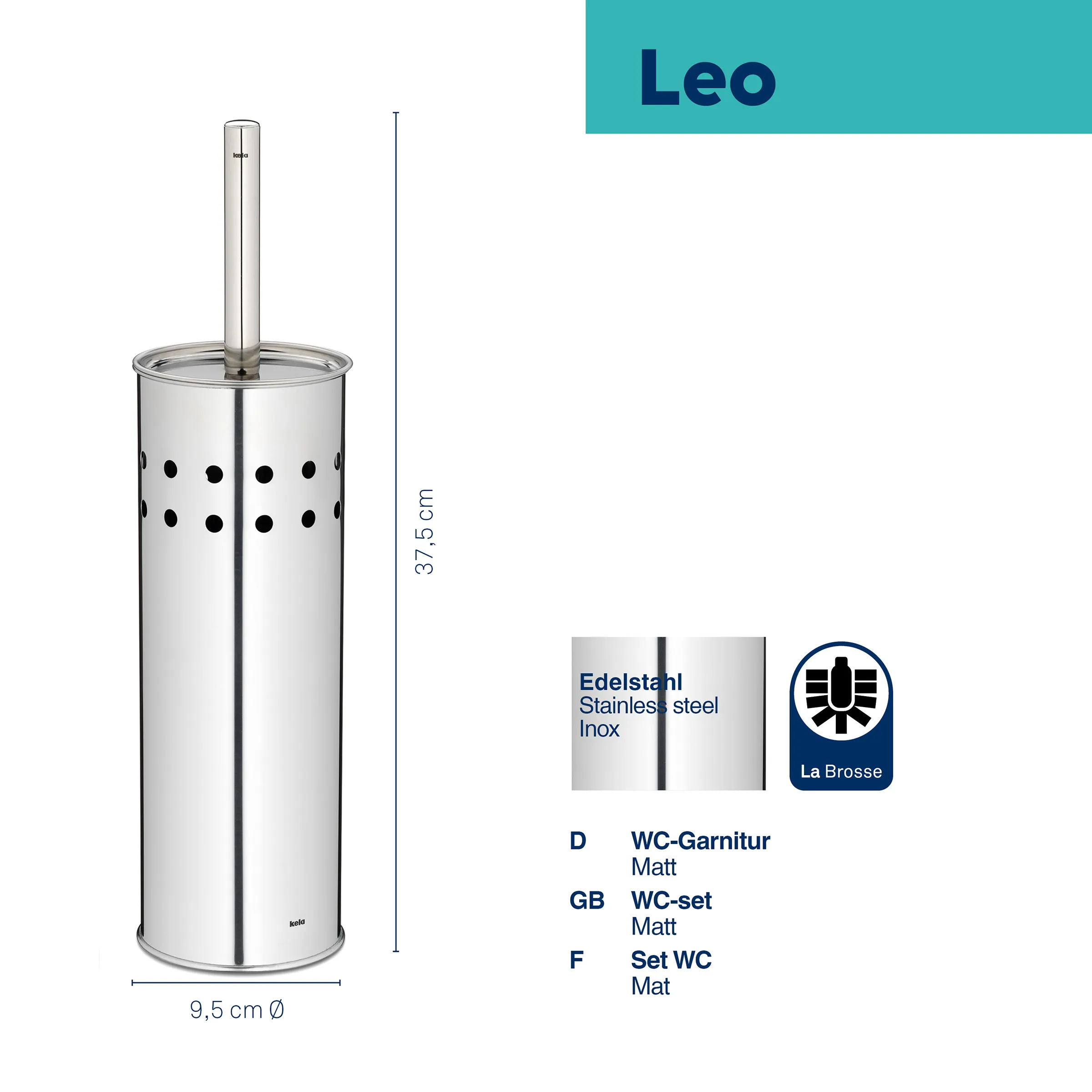 Leo WC-Garnitur Edelstahl - Toilettenbürste Set Edelstahl WC-Garnitur Leo von La Brosse, 37,5 cm hoch, mit Behälter und Bürste, Durchmesser 9,5 cm
