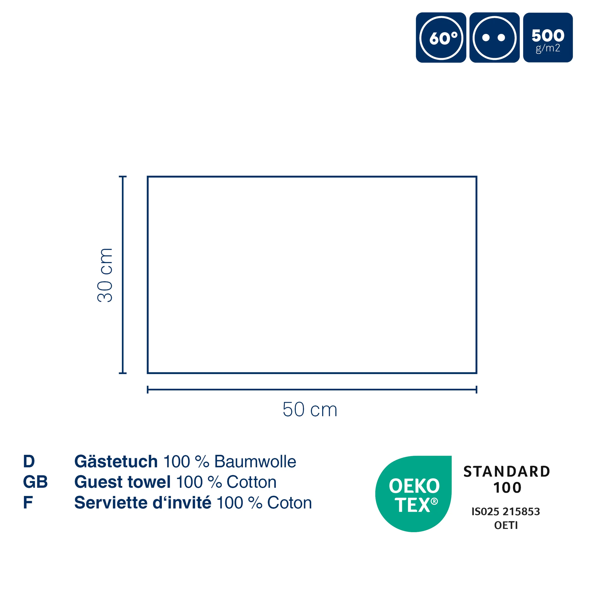 Gästetuch Baumwolle 50x30cm - Premium Qualität Gästetuch 50x30cm aus 100% Baumwolle, 500g/m² Gewicht, 60° waschbar, OEKO-TEX zertifiziert
