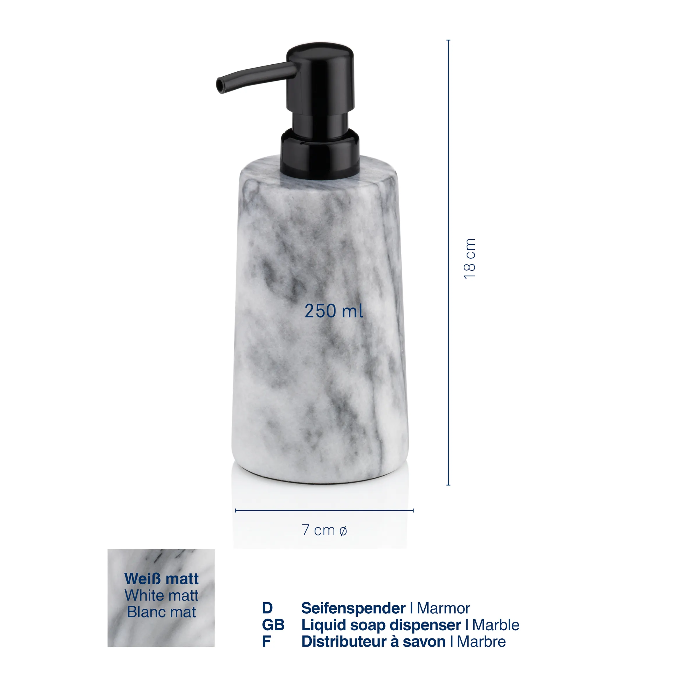 Marmor-Seifenspender in Weiß mit schwarzer Pumpe, 250 ml Inhalt, 18 cm Höhe, 7 cm Durchmesser