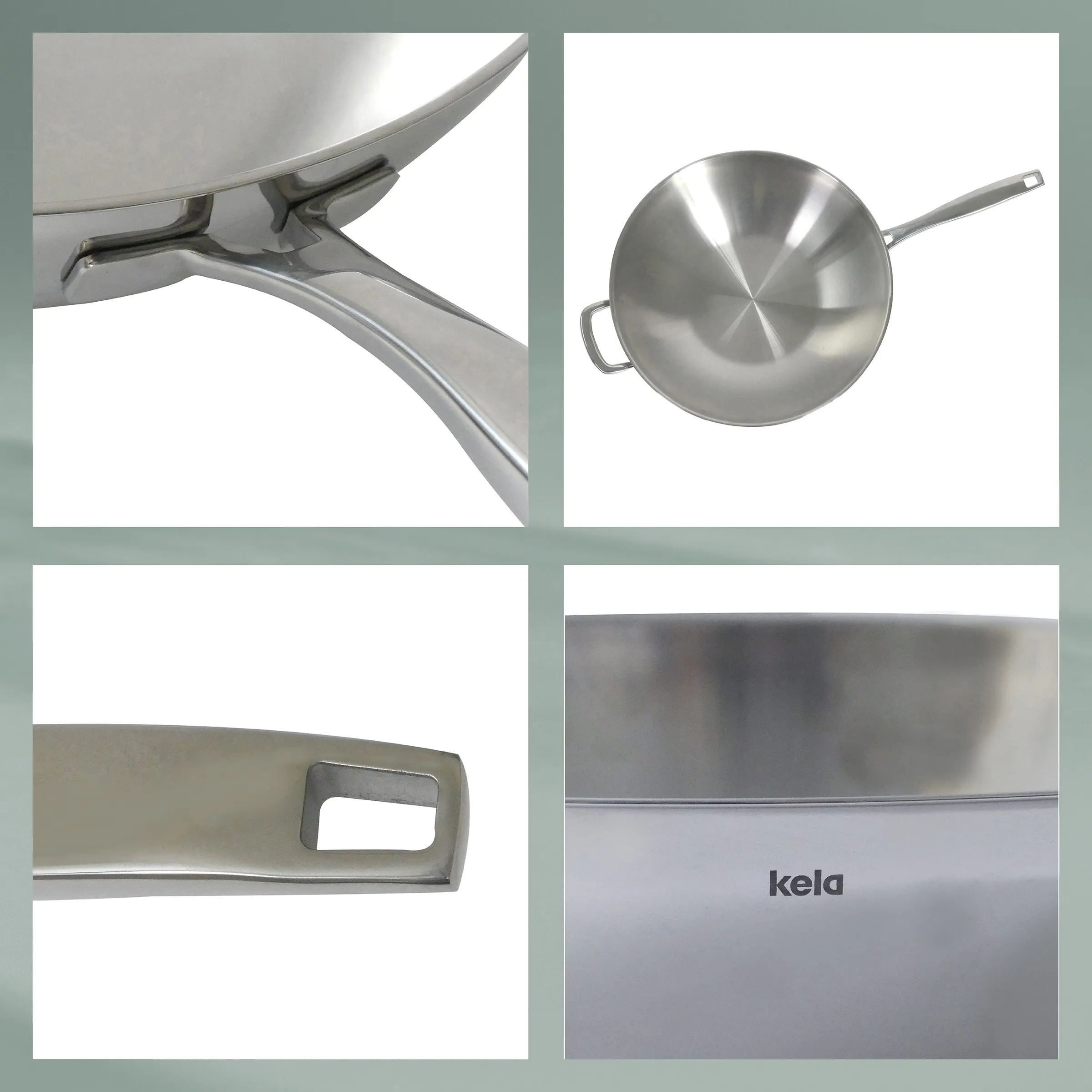 Kela Edelstahl-Bratpfanne mit ergonomischem Griff und Öse Edelstahl-Bratpfanne der Marke Kela mit Details von Griff, Haken-Öse und Pfannenboden in vier Ansichten