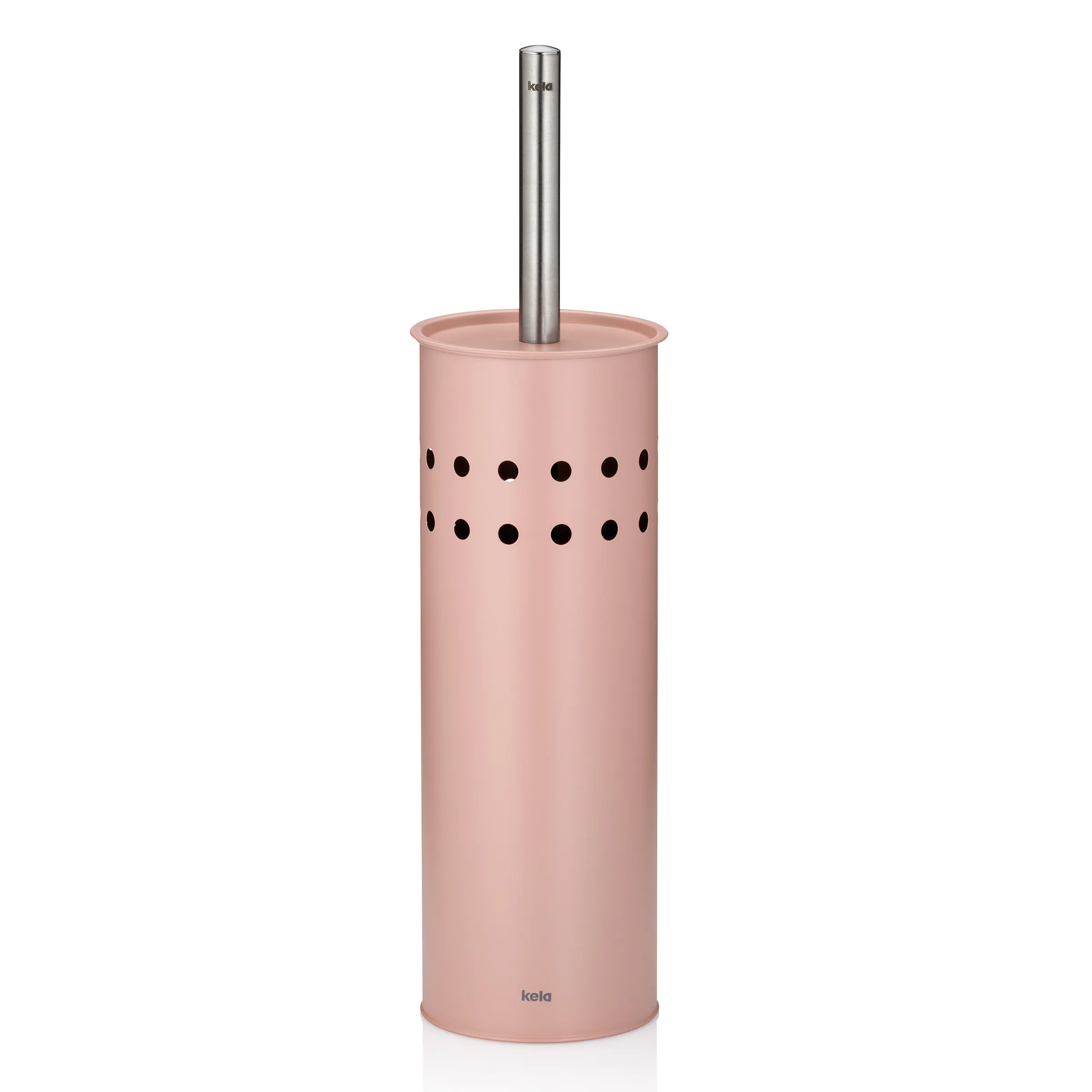Toilettenbürste Rosa mit Edelstahl - kela WC-Bürste mit Halter Rosa Toilettenbürste mit Edelstahlgriff und Lochdesign von kela, freistehend auf weißem Hintergrund