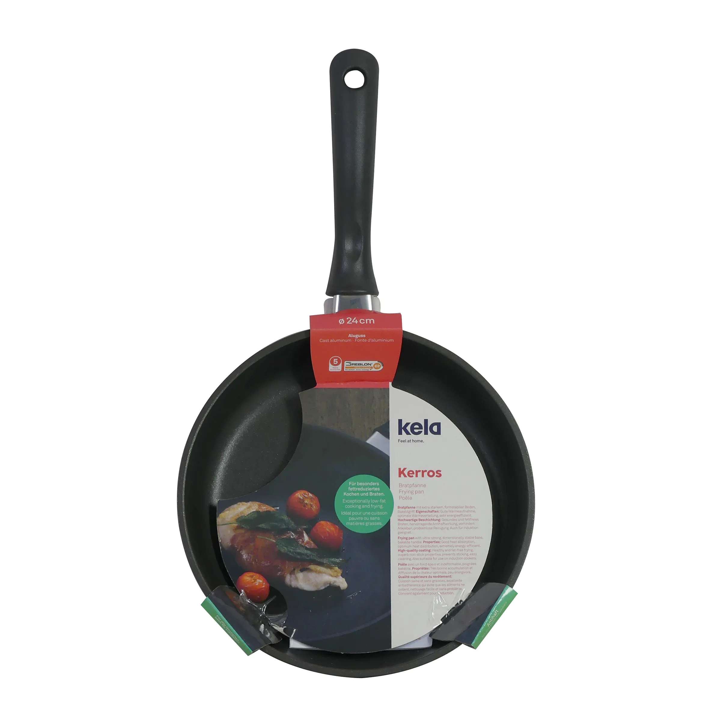 Kela Kerros Bratpfanne 24cm - Hochwertige Kochpfanne Schwarze Kela Kerros Bratpfanne 24cm mit schwarzem Griff und rotem Etikett, auf weißem Hintergrund.