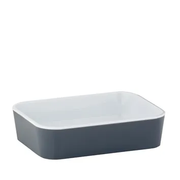 Graue rechteckige Schüssel mit weißem Innenbereich und abgerundeten Ecken, modernes Design