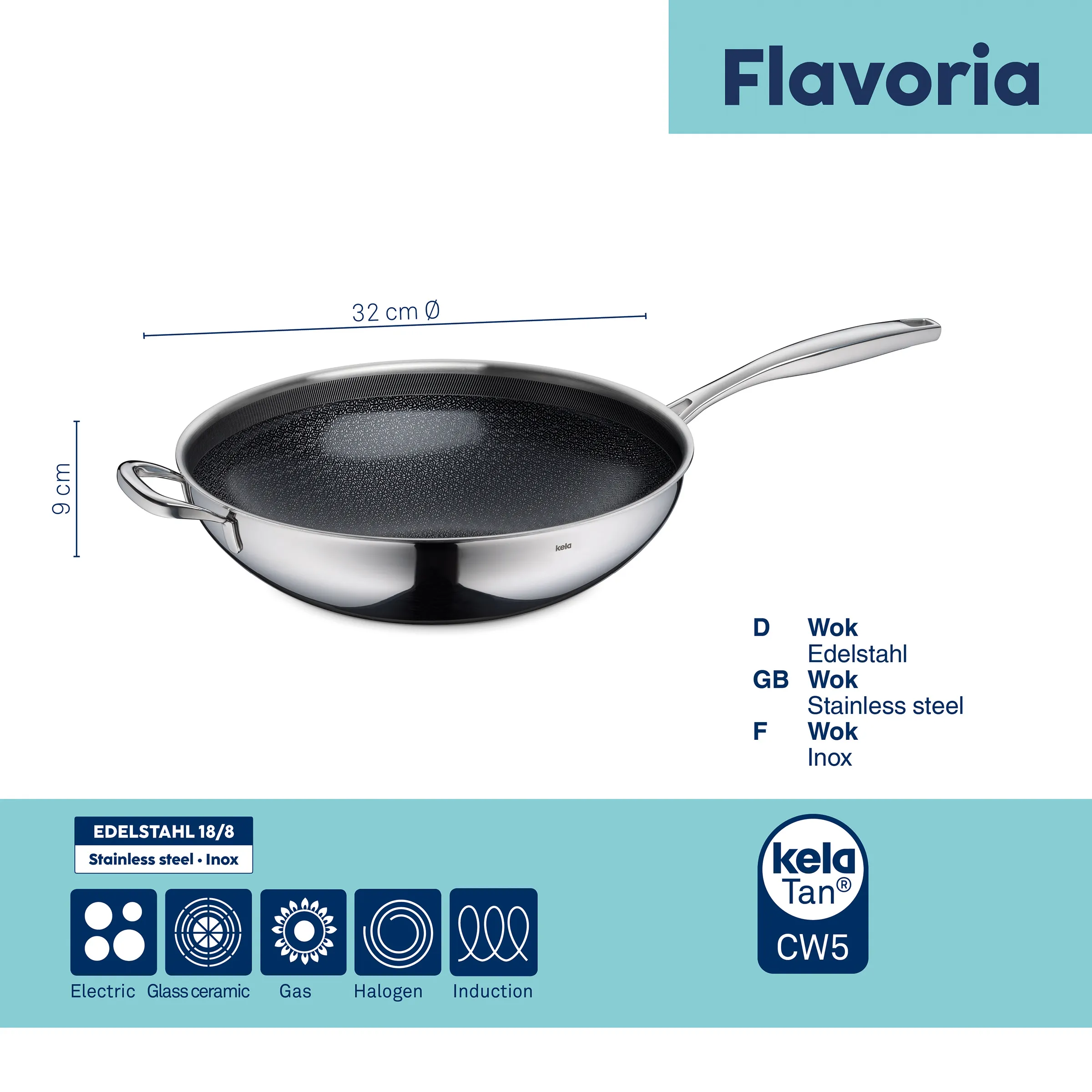 Stainless steel wok with 32 cm diameter and non-stick coating, 9 cm height, featuring ergonomic handle
