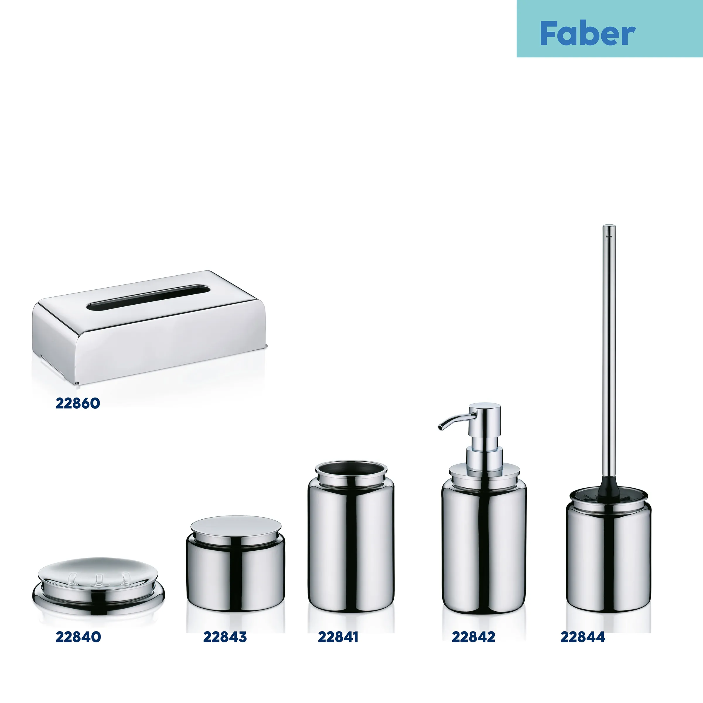 Faber Badezimmer Accessoires Set Chrom Faber Badezimmer-Accessoires Set mit Seifenspender, Zahnbürstenhalter, Tissue-Box und WC-Bürste in Chrom