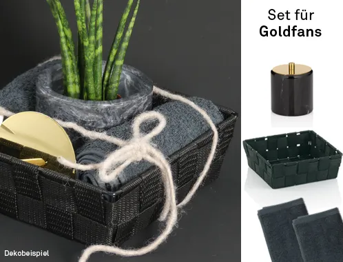 Goldfans Set mit schwarzem Pflanzentopf, grünem Korb, Gartenschere und Handschuhen zur Dekoration