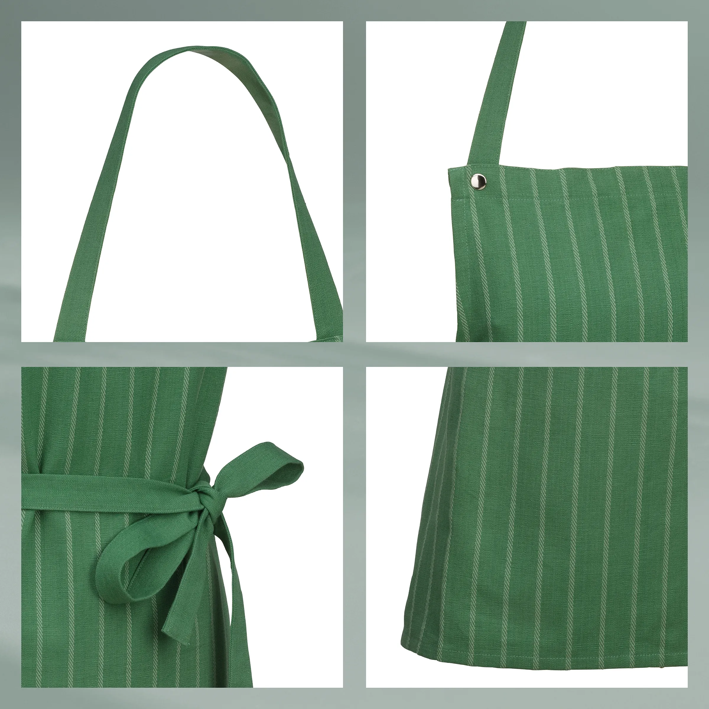 Grüne Textiltasche mit Griffen - Details und Design Grüne Stofftasche mit Tragegriffen und vertikalem Streifenmuster, von mehreren Seiten mit Details gezeigt
