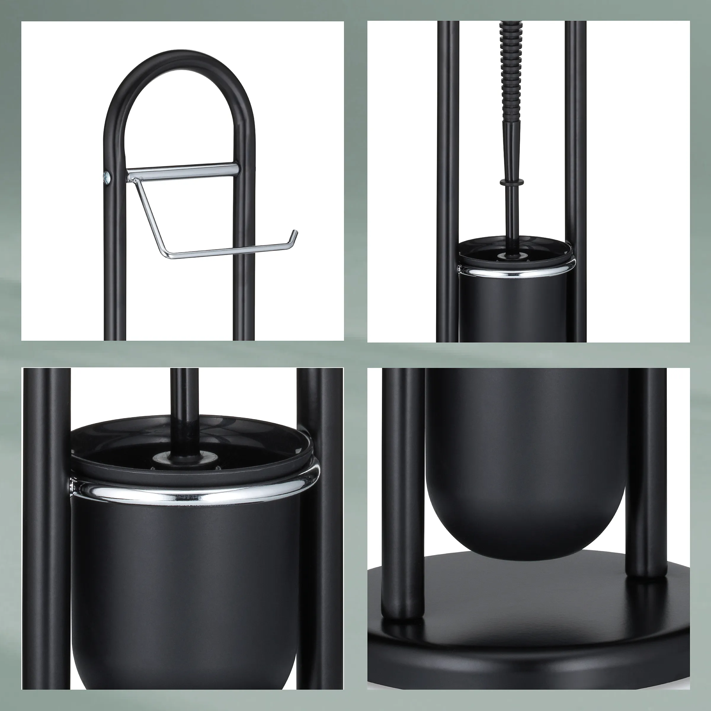 Ensemble brosse WC noir avec support et porte-rouleau - Accessoires salle de bain Ensemble de brosse WC noir avec support et porte-rouleau de rechange en vues détaillées