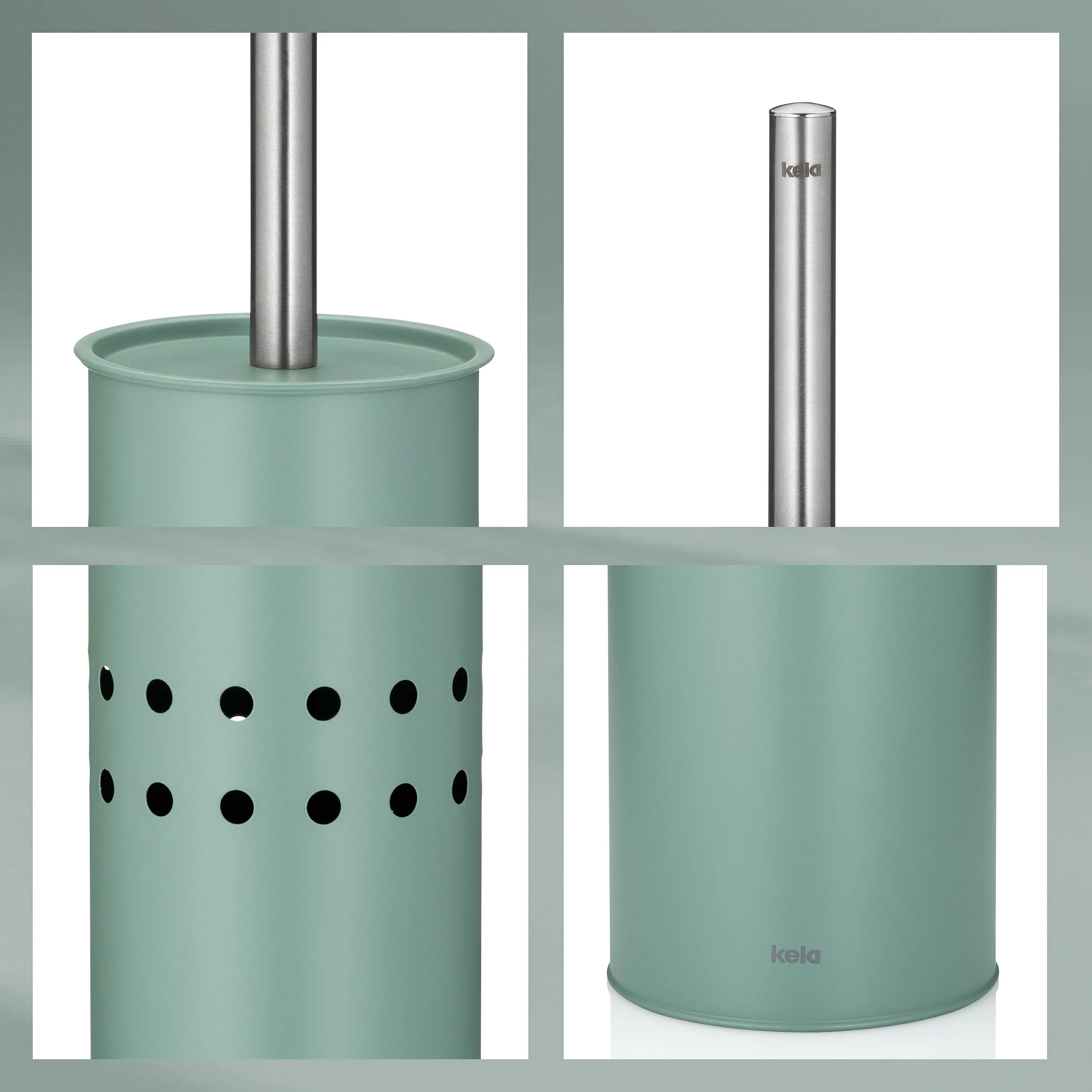 Kela Toilettenbürste Mintgrün mit Edelstahl - Modernes WC-Bürstenset Kela Toilettenbürste in Mintgrün mit Edelstahlgriff - Detailansichten von Halterung, Griff und Behälter