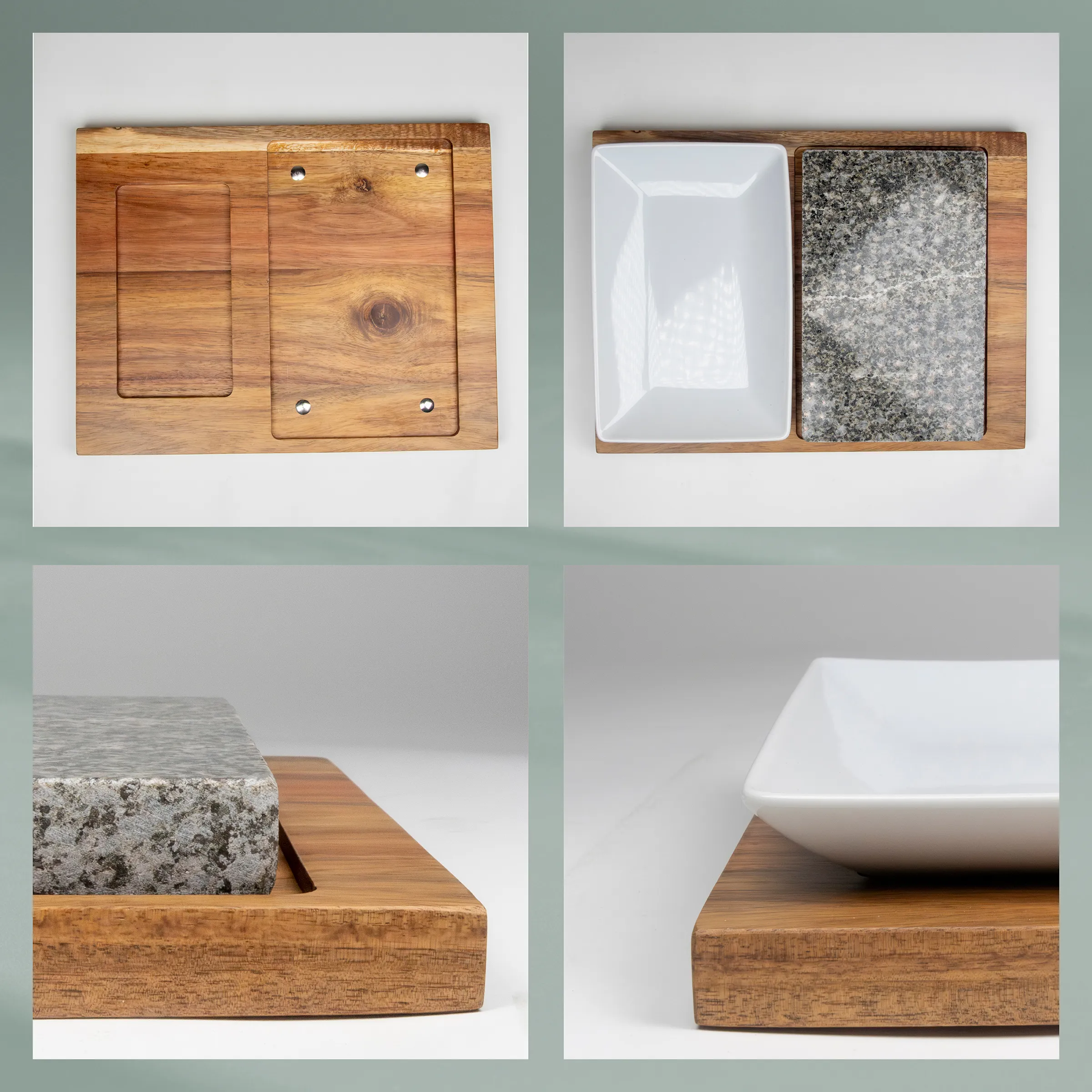 Holz Tablett mit Keramikschale und Stein - Deko Set Holzbox mit weißer Keramikschale und grauer Steinoberfläche, Draufsicht und Detailaufnahmen des Produktsets