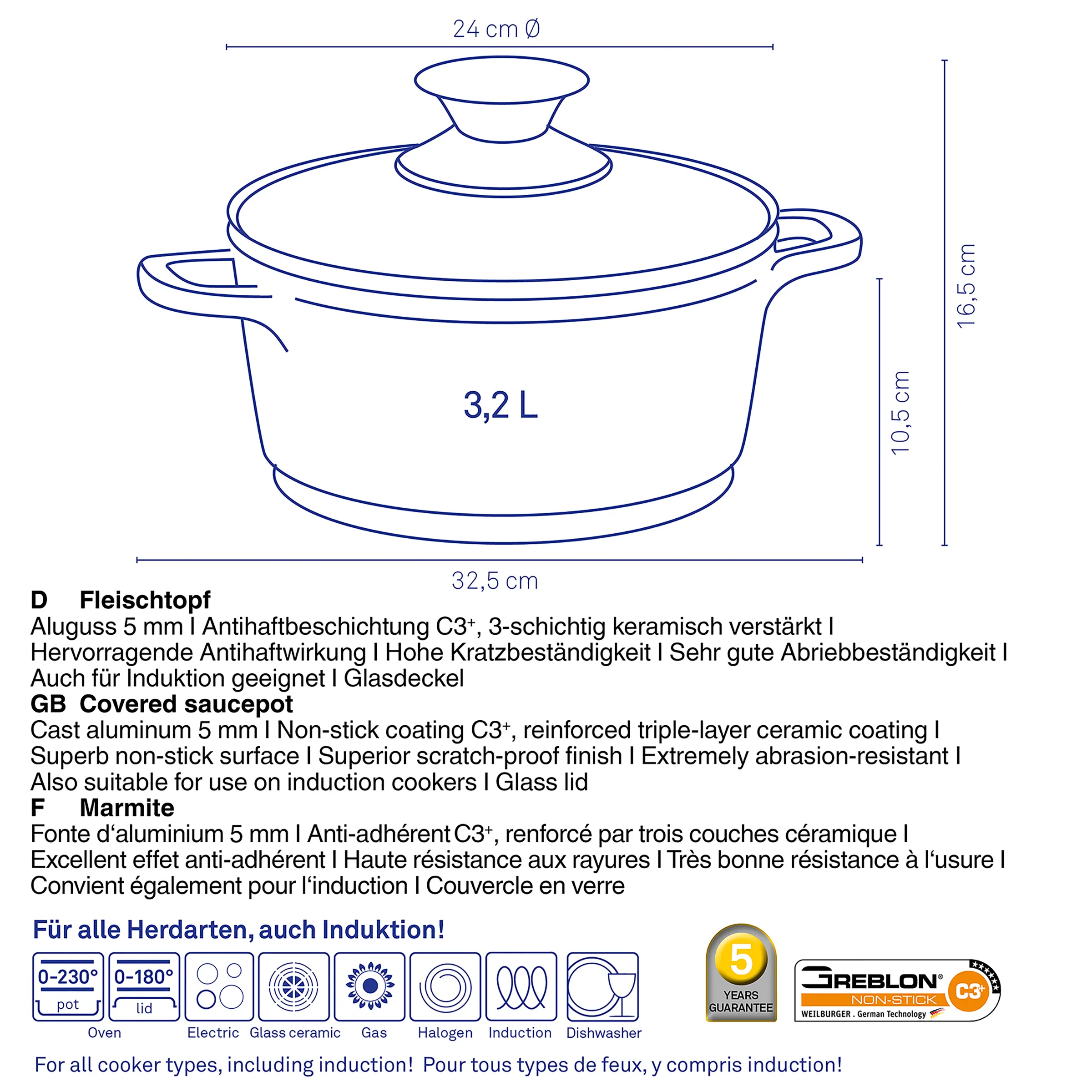 Fleischtopf 3,2L mit Glasdeckel - Induktion & alle Herdarten Edelstahl-Fleischtopf mit Glasdeckel, 3,2 Liter Inhalt, 24 cm Durchmesser, geeignet für alle Herdarten inklusive Induktion.